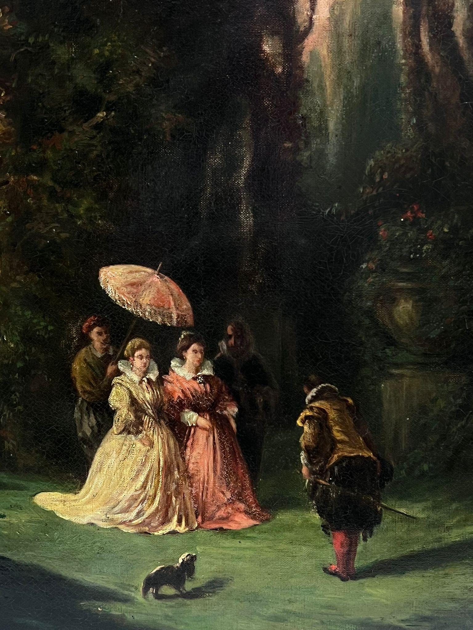 Courtier Presenting Himself to Elegant French Ladies in Rococo Parkland, 1800's  For Sale 2