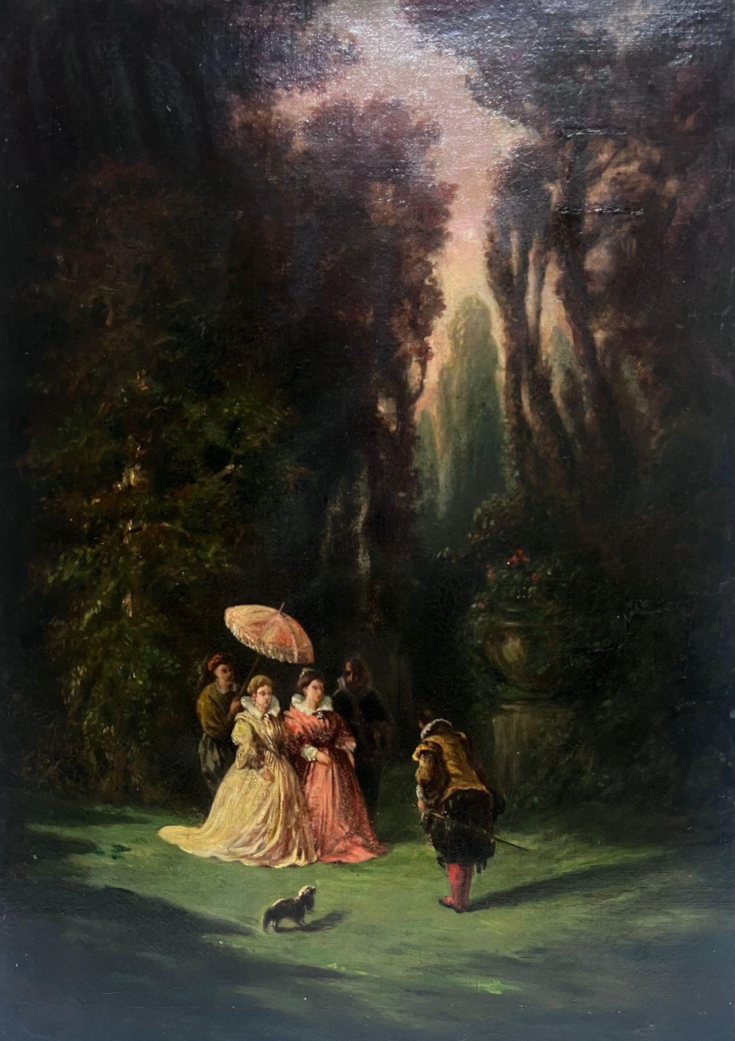 1800's French Oil Figurative Painting - Courtier Presenting Himself to Elegant French Ladies in Rococo Parkland, 1800's 
