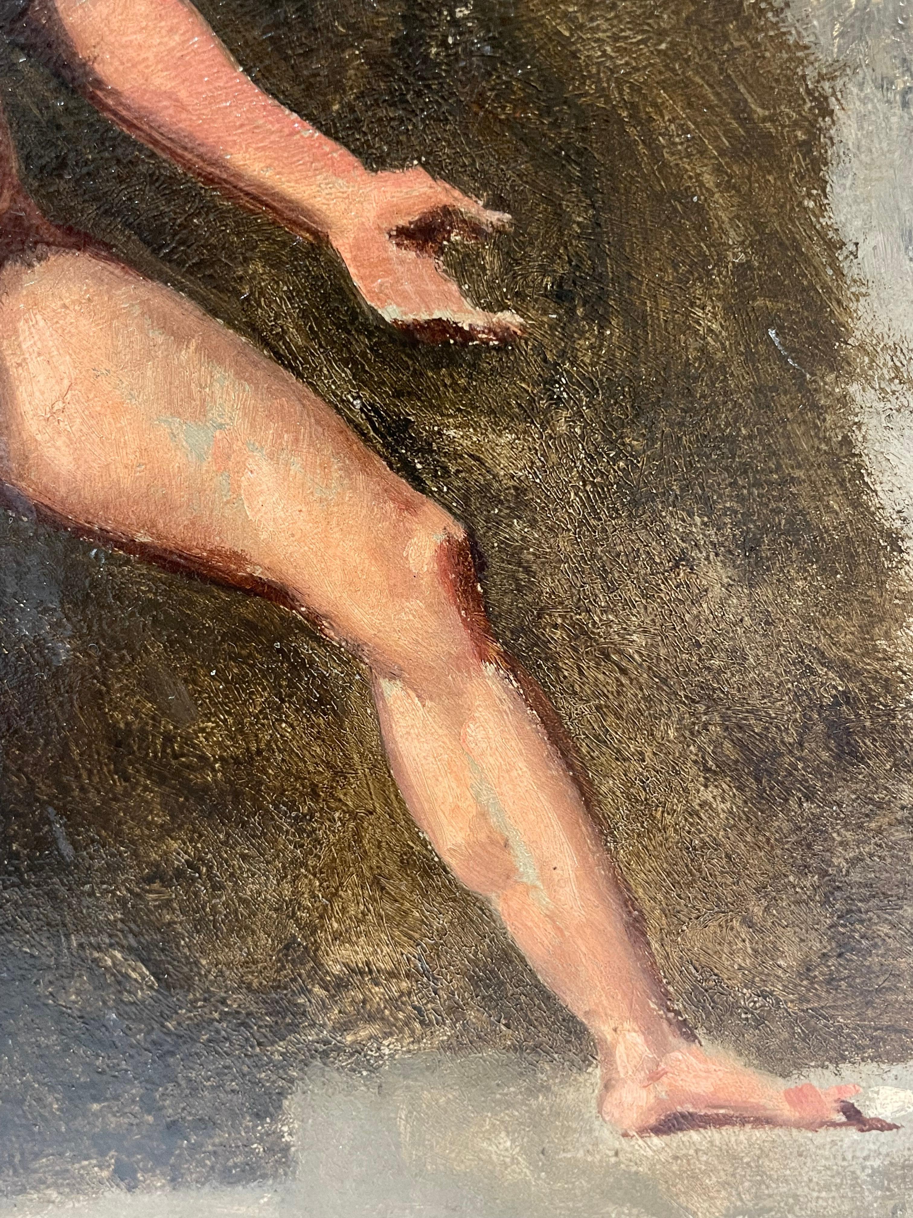 Ritratto di nudo maschile a figura intera, inizio 1800, pittura a olio francese Uomo che tiene un bastone 5