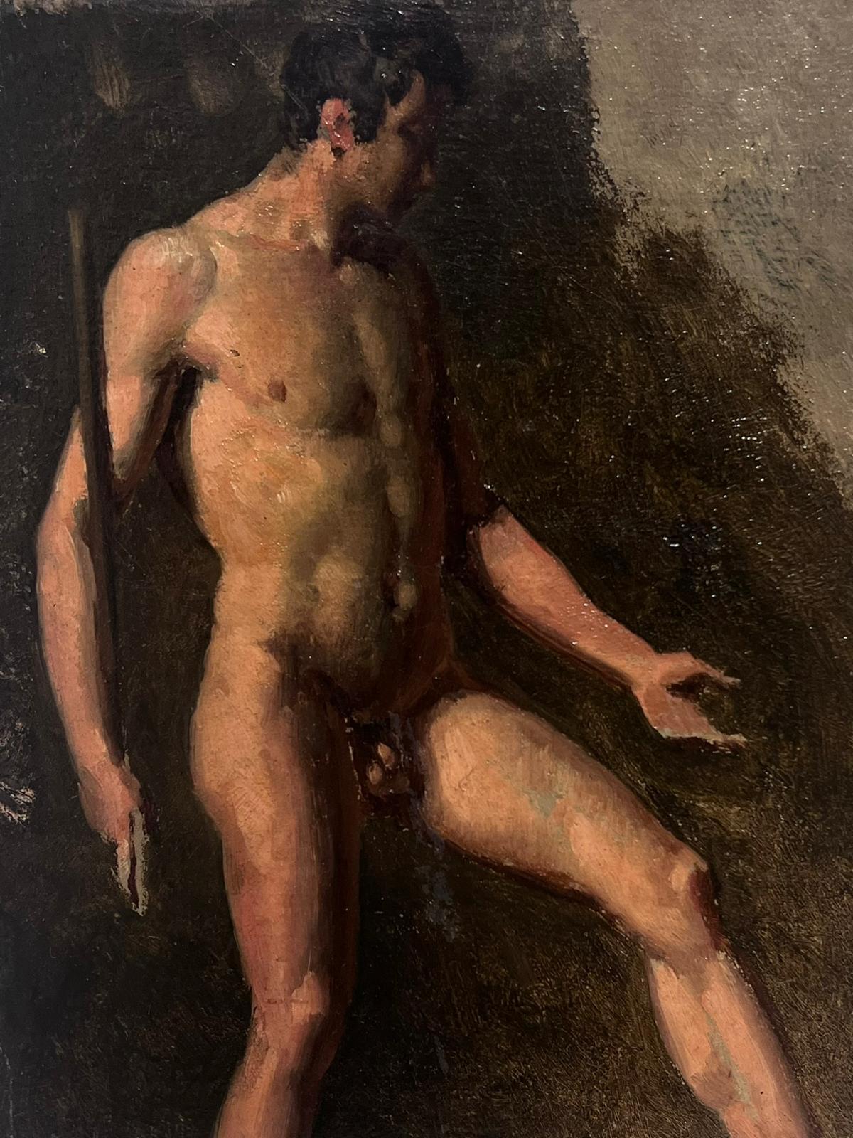 Ritratto di nudo maschile a figura intera, inizio 1800, pittura a olio francese Uomo che tiene un bastone - Painting di 1800's French Oil