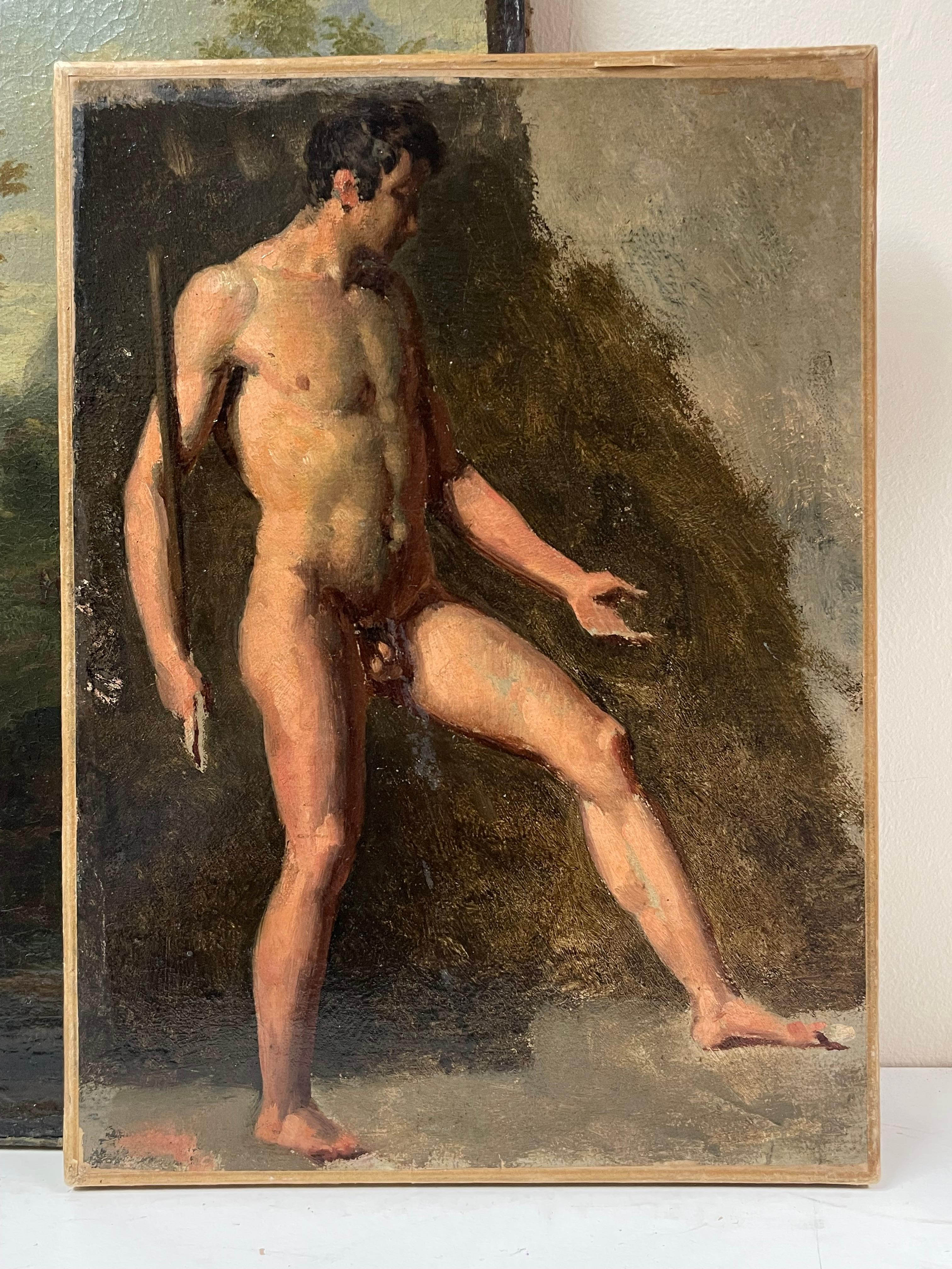 Ritratto di nudo maschile a figura intera, inizio 1800, pittura a olio francese Uomo che tiene un bastone - Painting Antichi maestri di 1800's French Oil