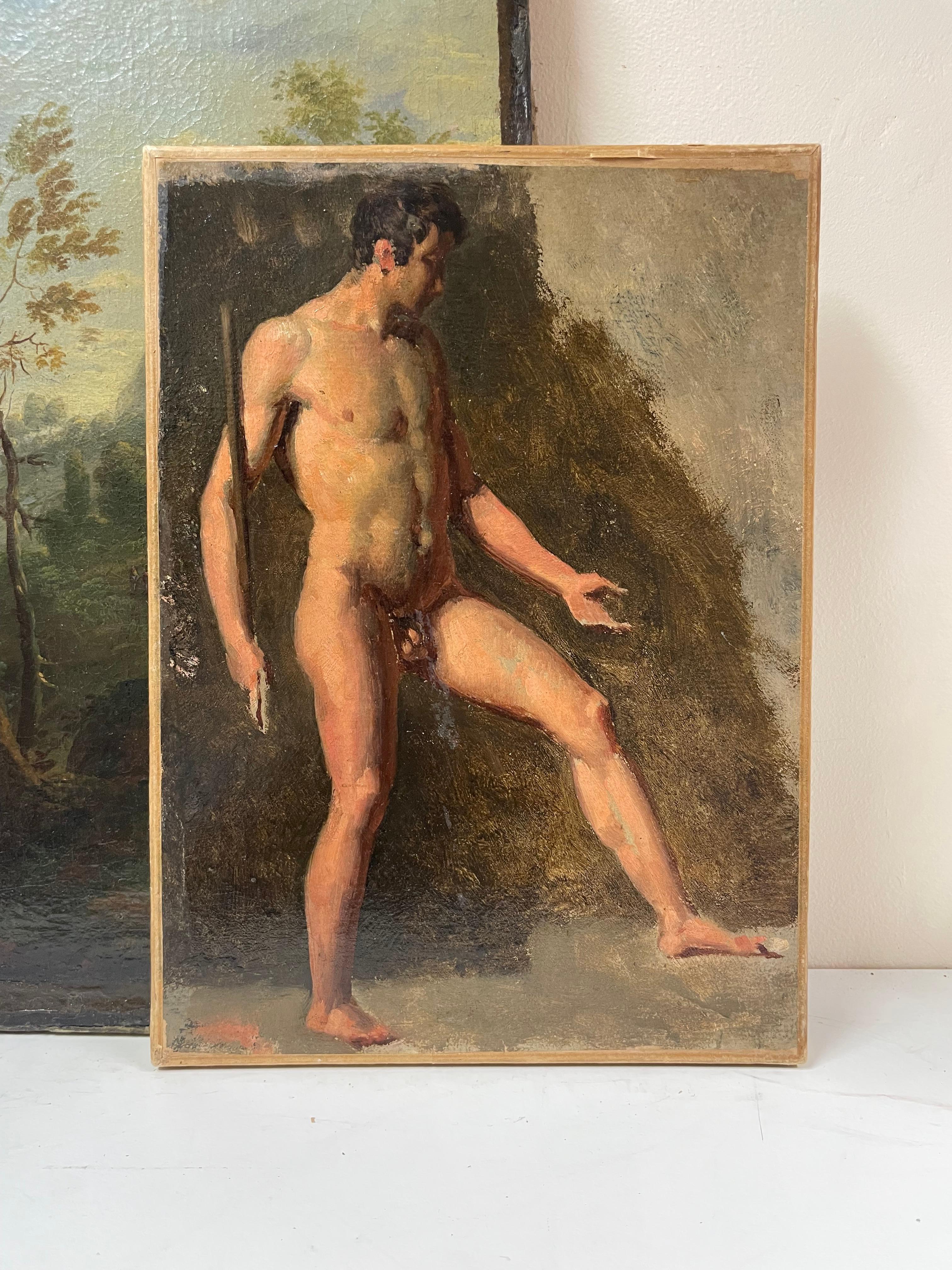 Ritratto di nudo maschile a figura intera, inizio 1800, pittura a olio francese Uomo che tiene un bastone 2