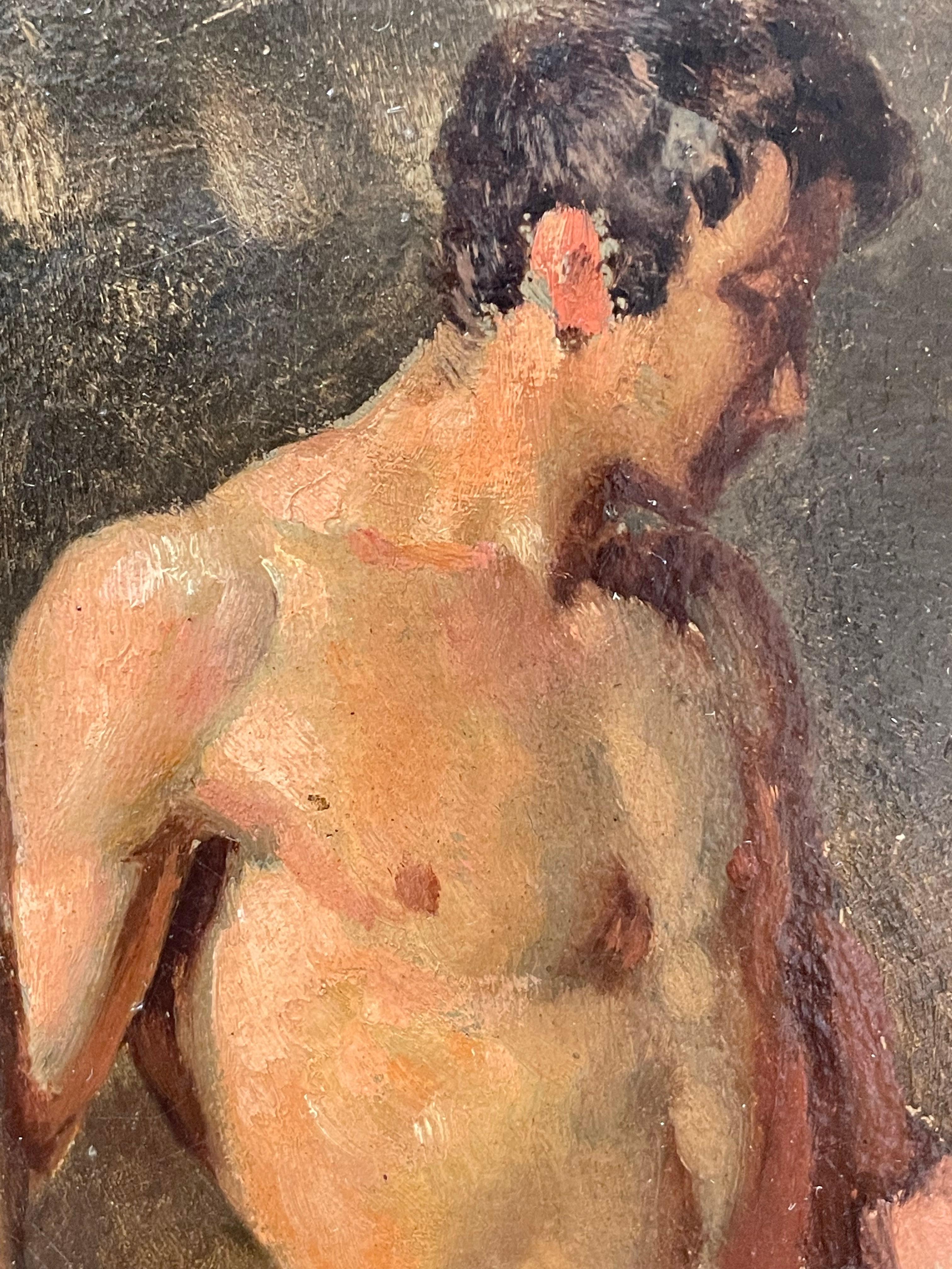 Ritratto di nudo maschile a figura intera, inizio 1800, pittura a olio francese Uomo che tiene un bastone 3