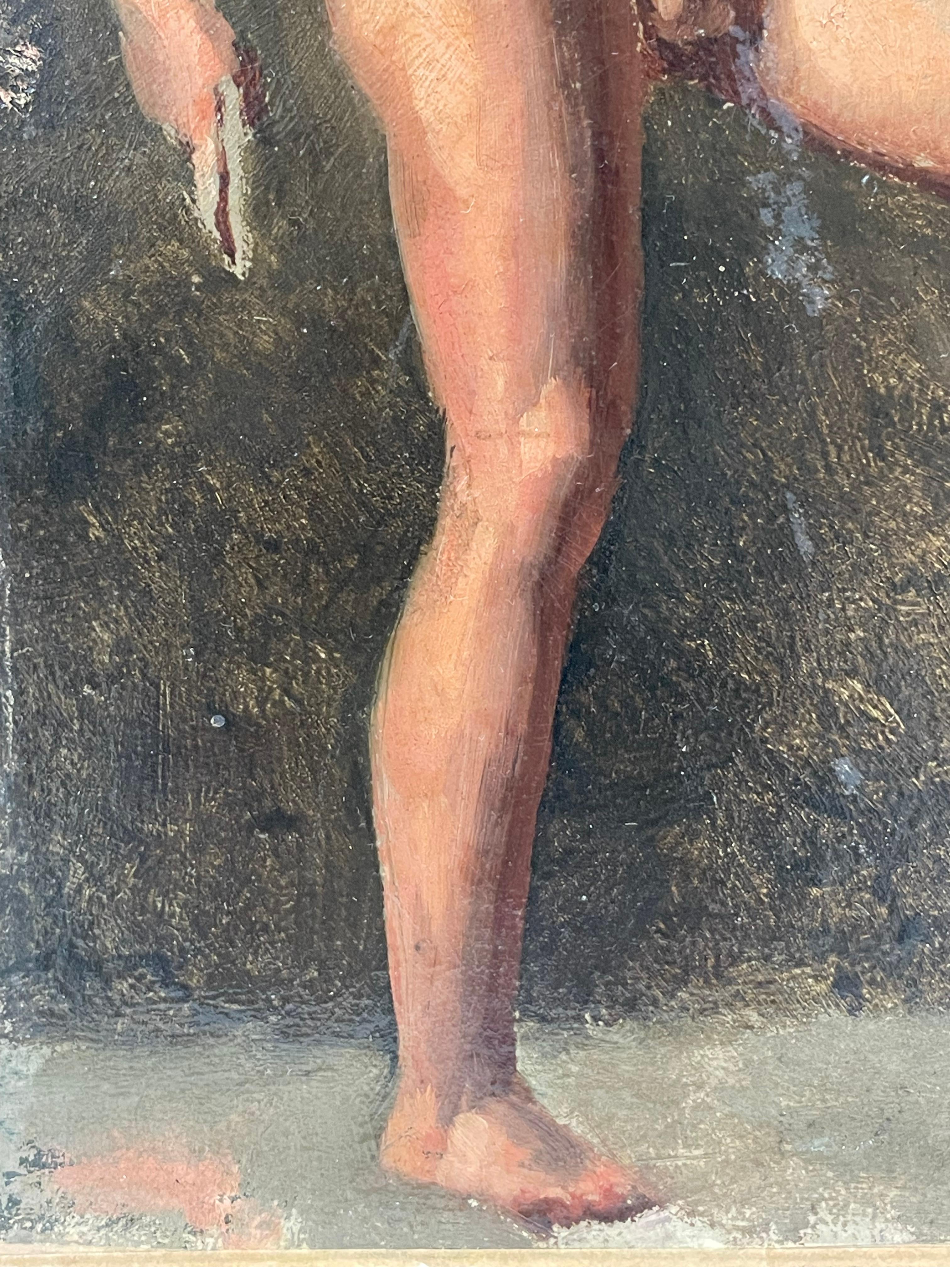 Ritratto di nudo maschile a figura intera, inizio 1800, pittura a olio francese Uomo che tiene un bastone 4