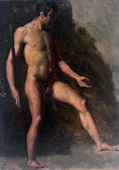 Full Length Male Nude Portrait Early 1800's French Oil Painting Man Holding Rod