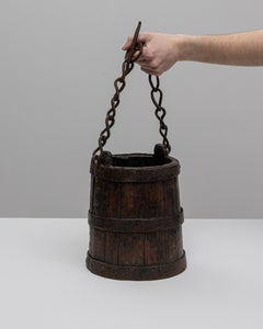 1800s French Primitive Wooden Bucket With Chain