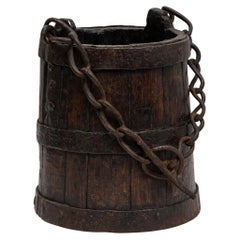 Antique 1800s French Primitive Wooden Bucket With Chain