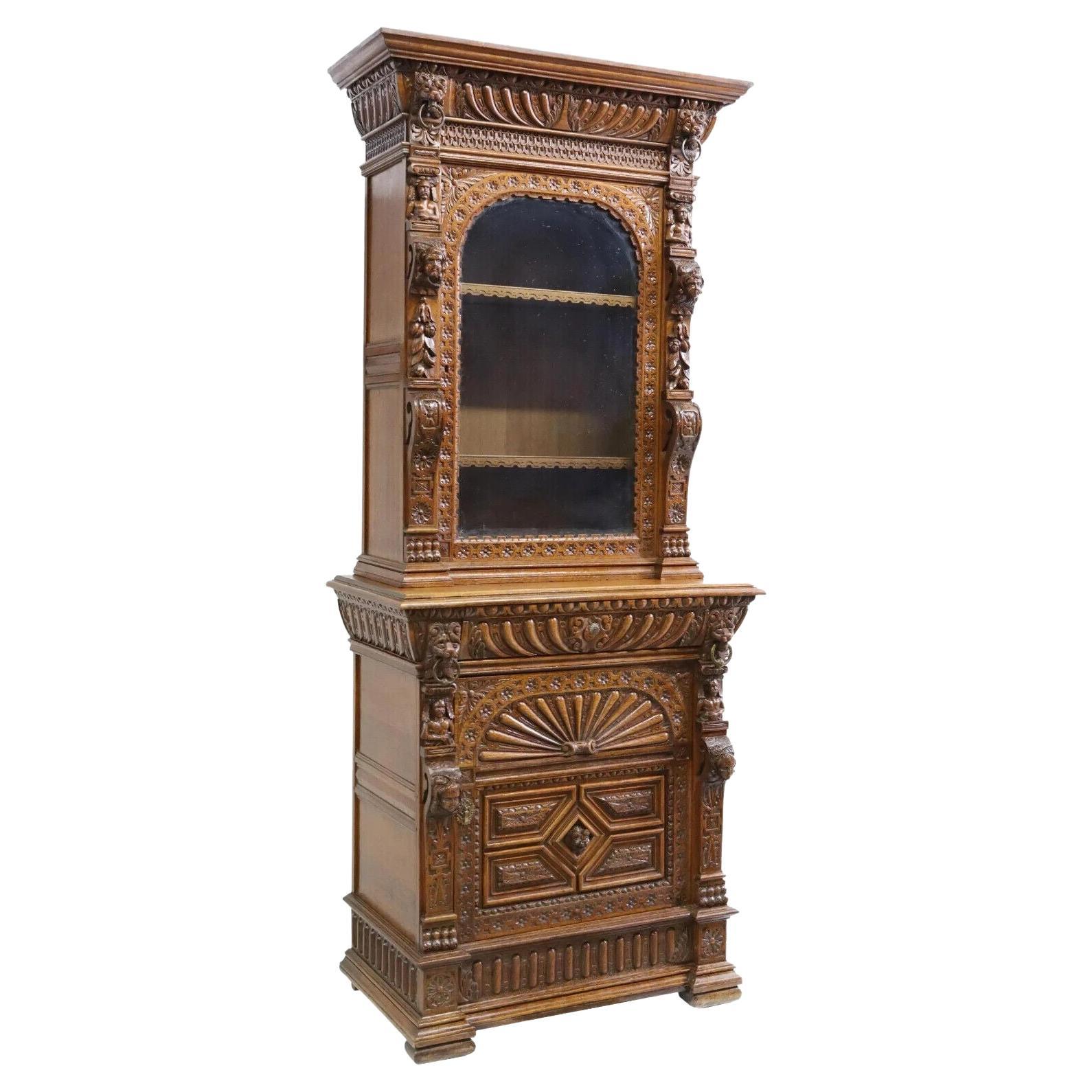 1800's French Renaissance Revival, Carved Oak, Glazed Door, Lion Mask Cabinet!!