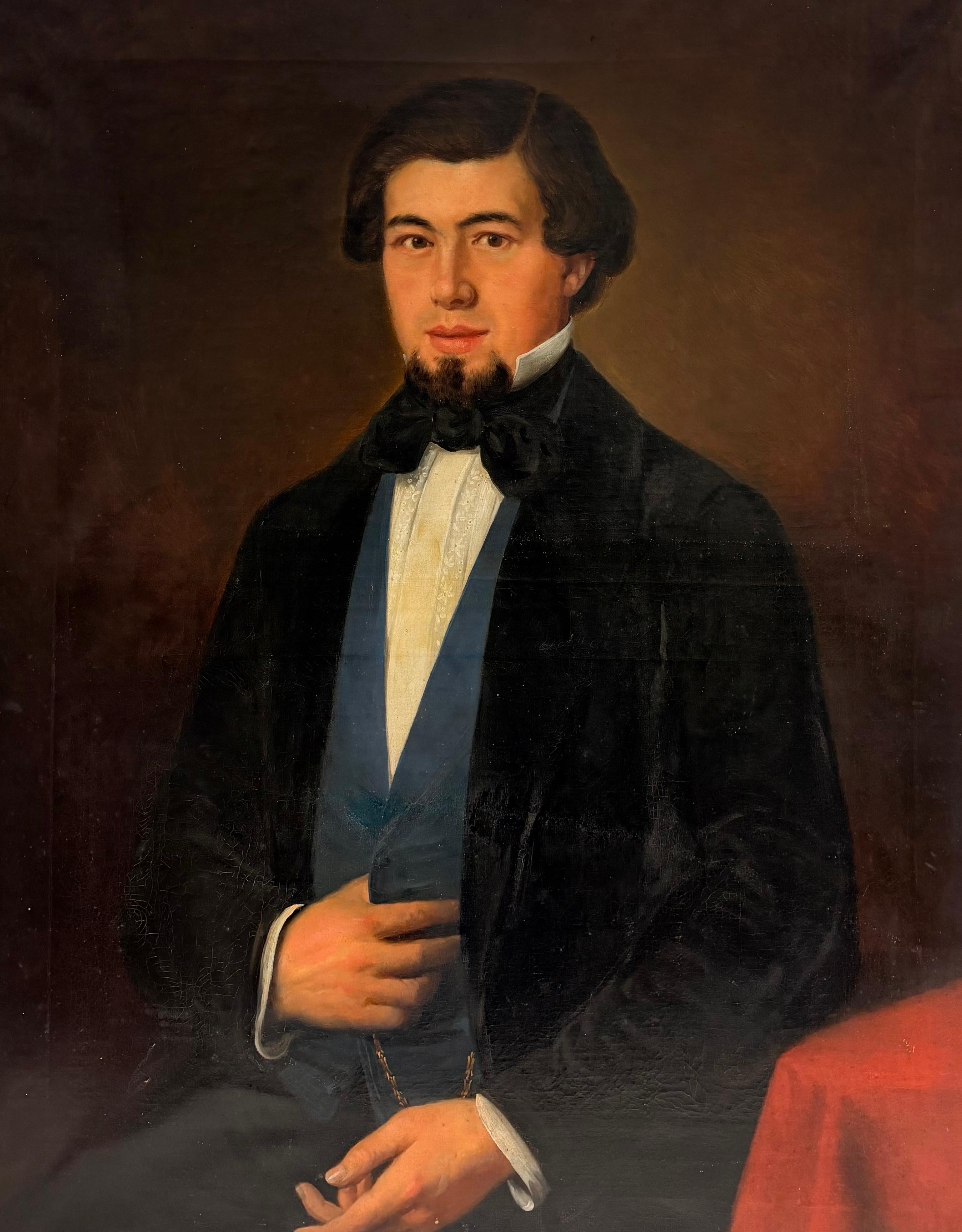 Fine Large 1800's French Oil Painting on Canvas Portrait of Gentleman