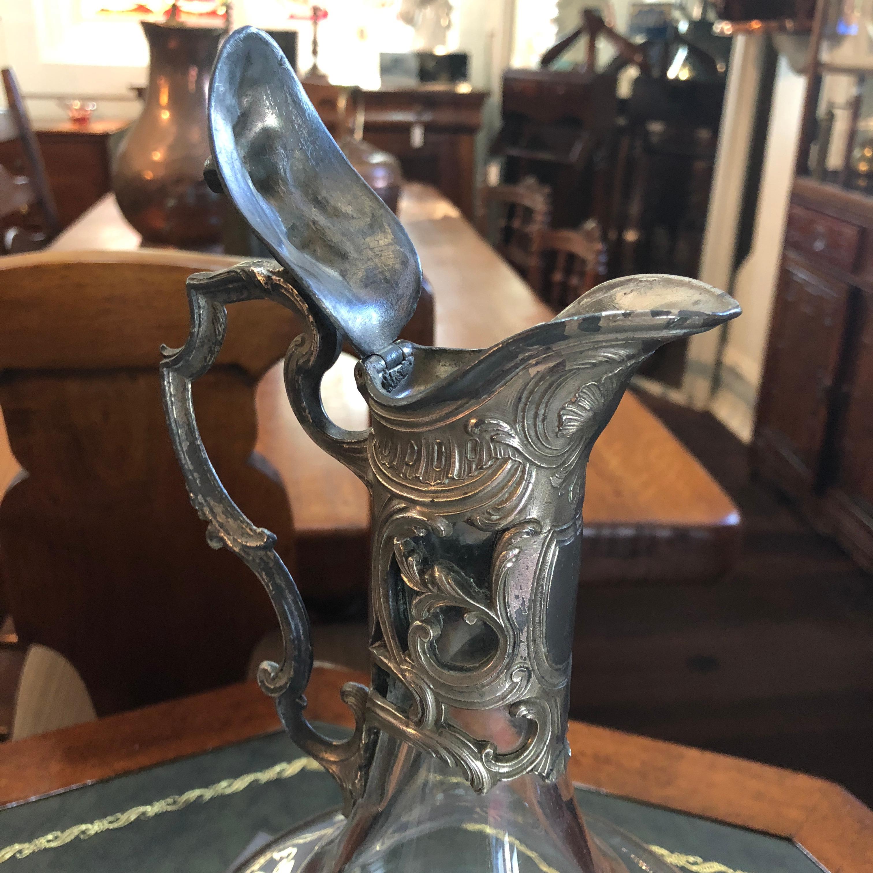 1800s French Silver and Glass Lidded Decorative Claret Jug In Good Condition For Sale In Perth , AU