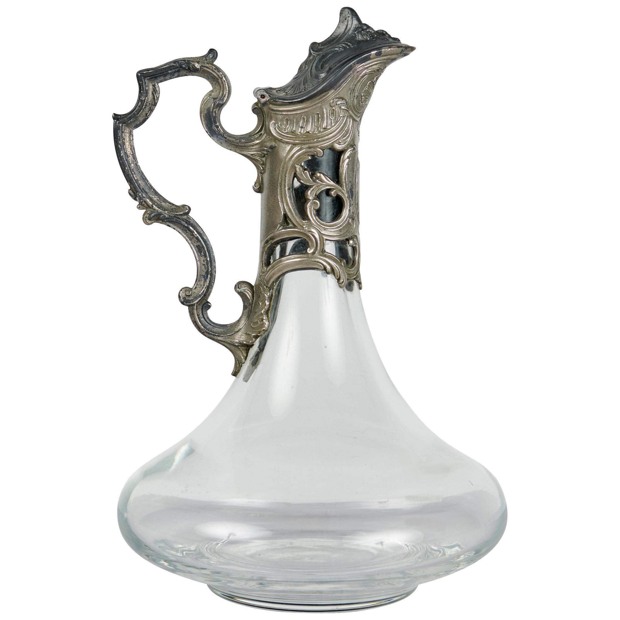 1800s French Silver and Glass Lidded Decorative Claret Jug For Sale