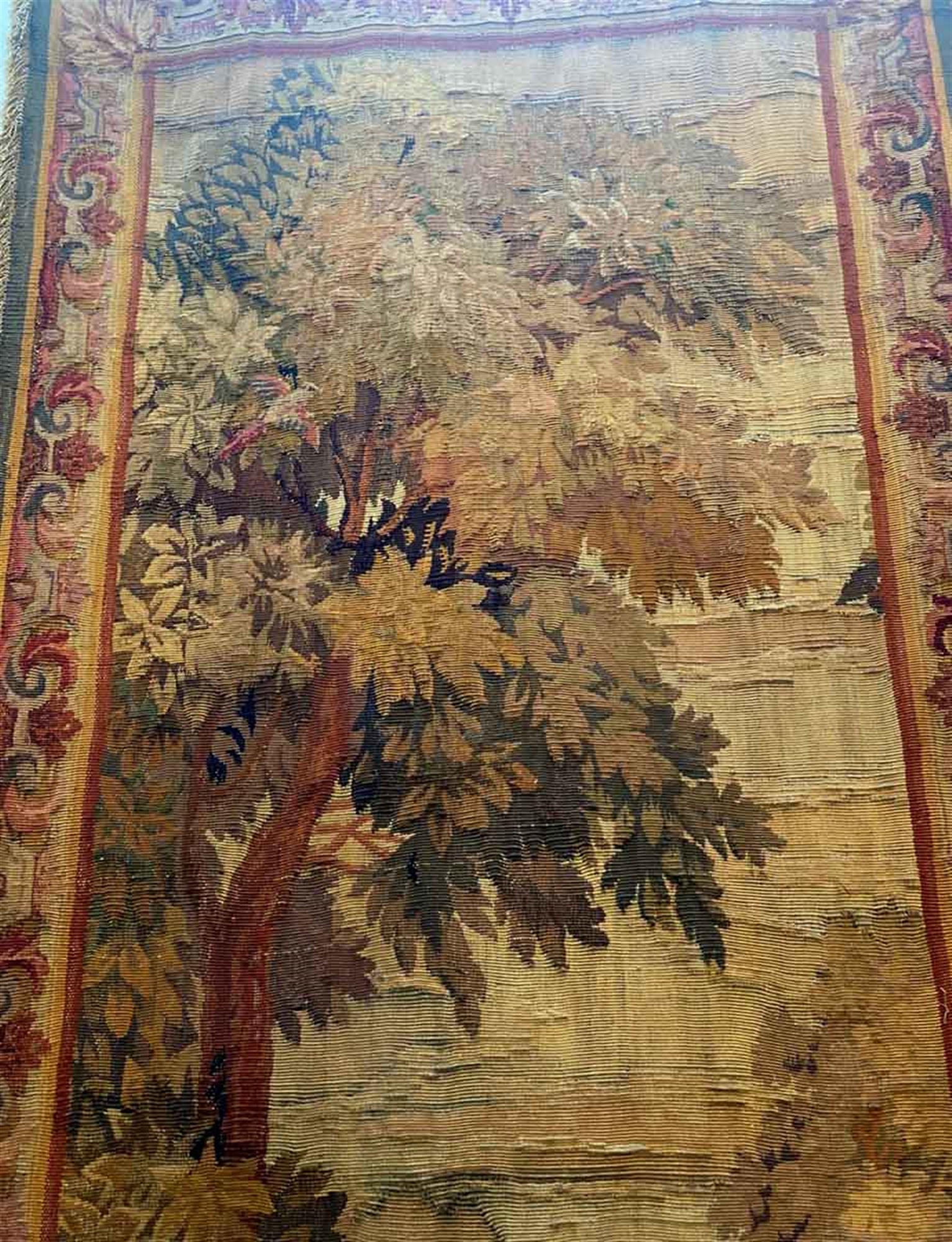 This is a 1800s French wool needlepoint fringed tapestry in good condition. Reclaimed from a New York City mansion on 85th St. This can be seen at our 333 West 52nd St location in the Theater District West of Manhattan.