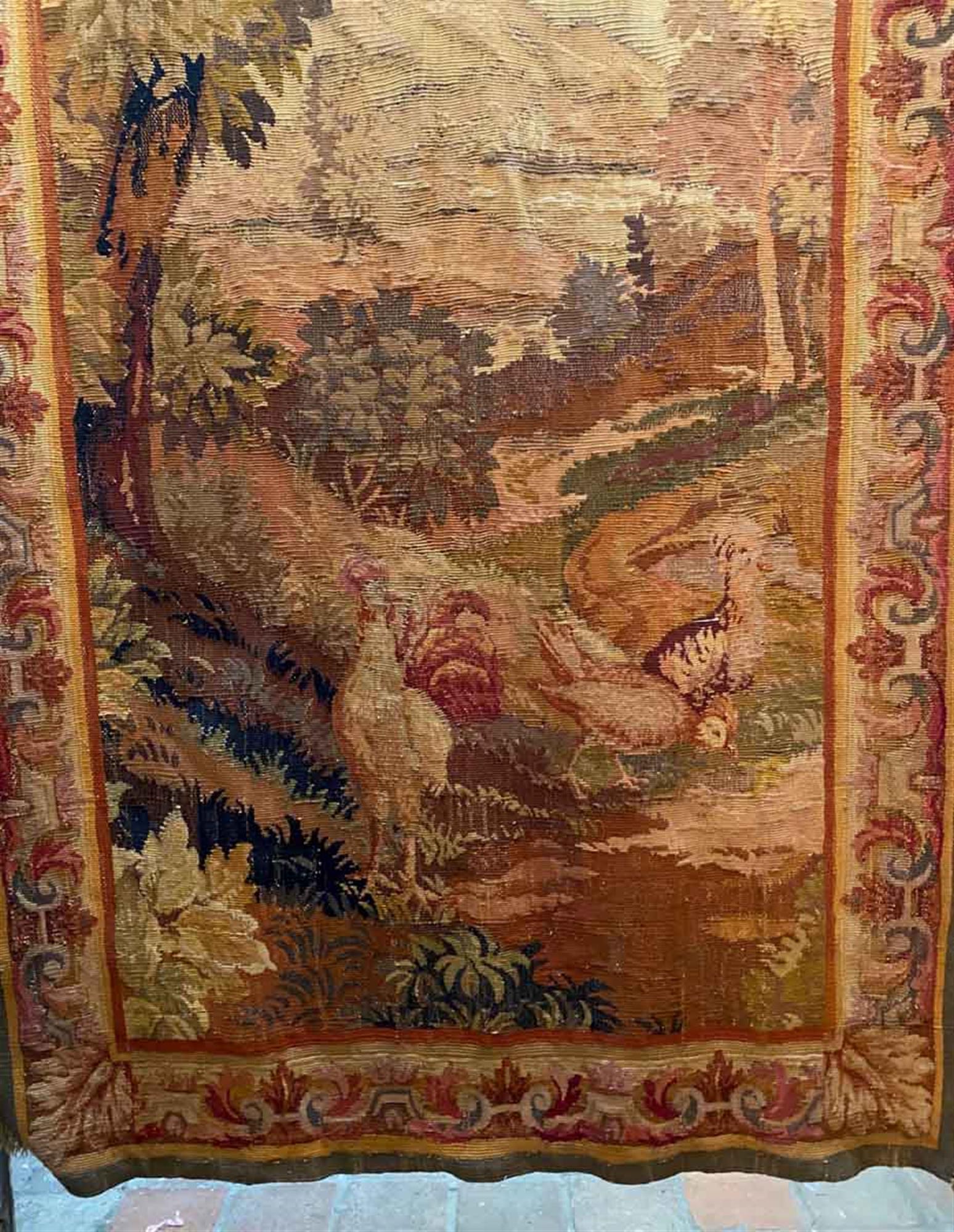 1800s Fringed Wool Needlepoint Scenic French Tapestry In Good Condition In New York, NY
