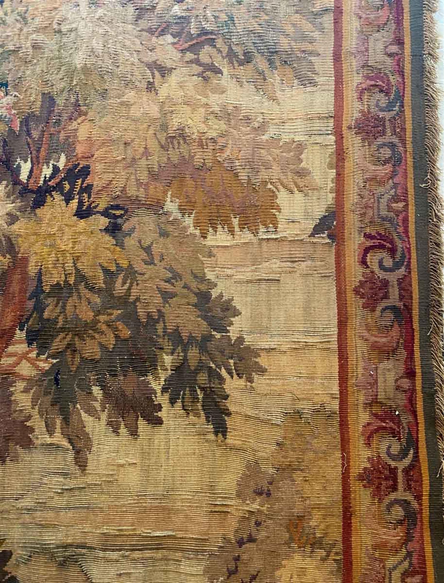 1800s Fringed Wool Needlepoint Scenic French Tapestry 2