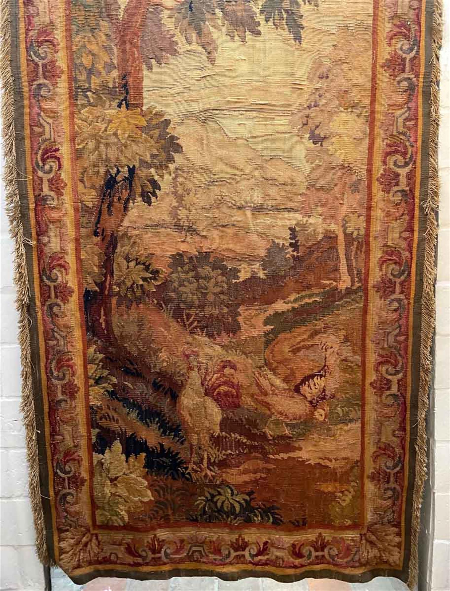 1800s Fringed Wool Needlepoint Scenic French Tapestry 4