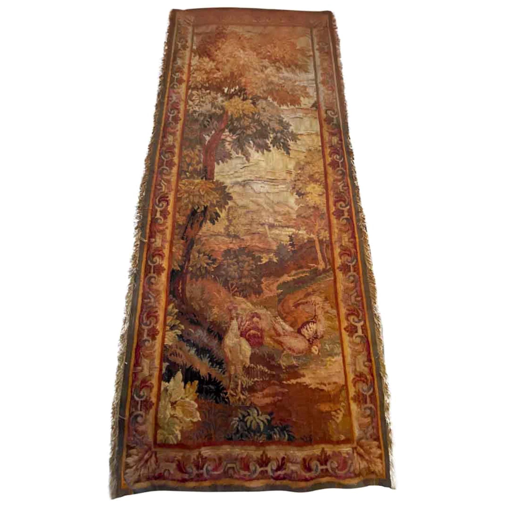 1800s Fringed Wool Needlepoint Scenic French Tapestry