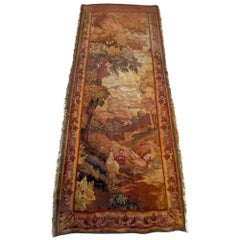 1800s Fringed Wool Needlepoint Scenic French Tapestry