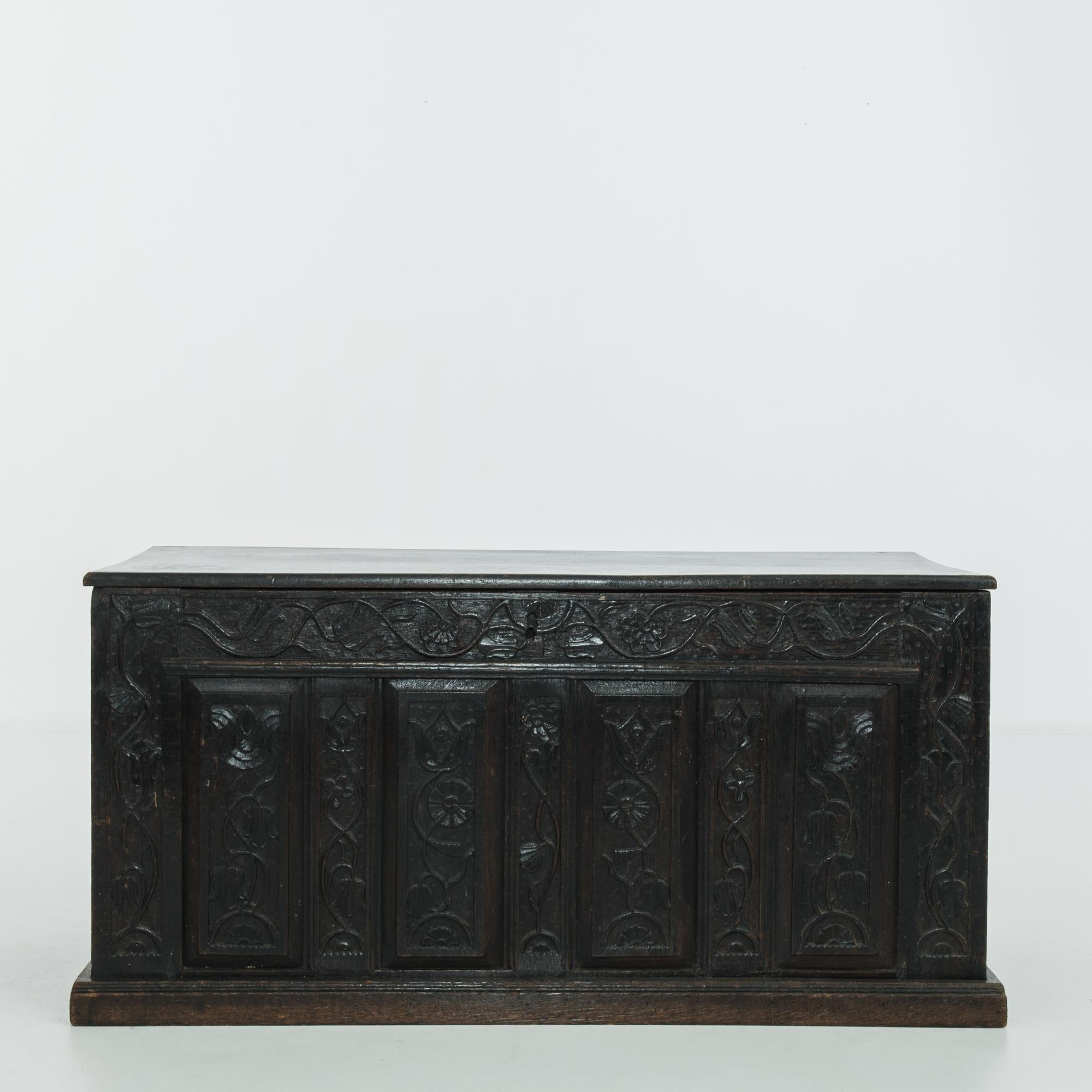 Romantic carvings and the deep ebony tone of the original patina give this wooden trunk an evocative aesthetic. Made in Germany, circa 1800, twining leaves and flowers decorate the paneled wood. The dark finish of the wood has a subtle, midnight