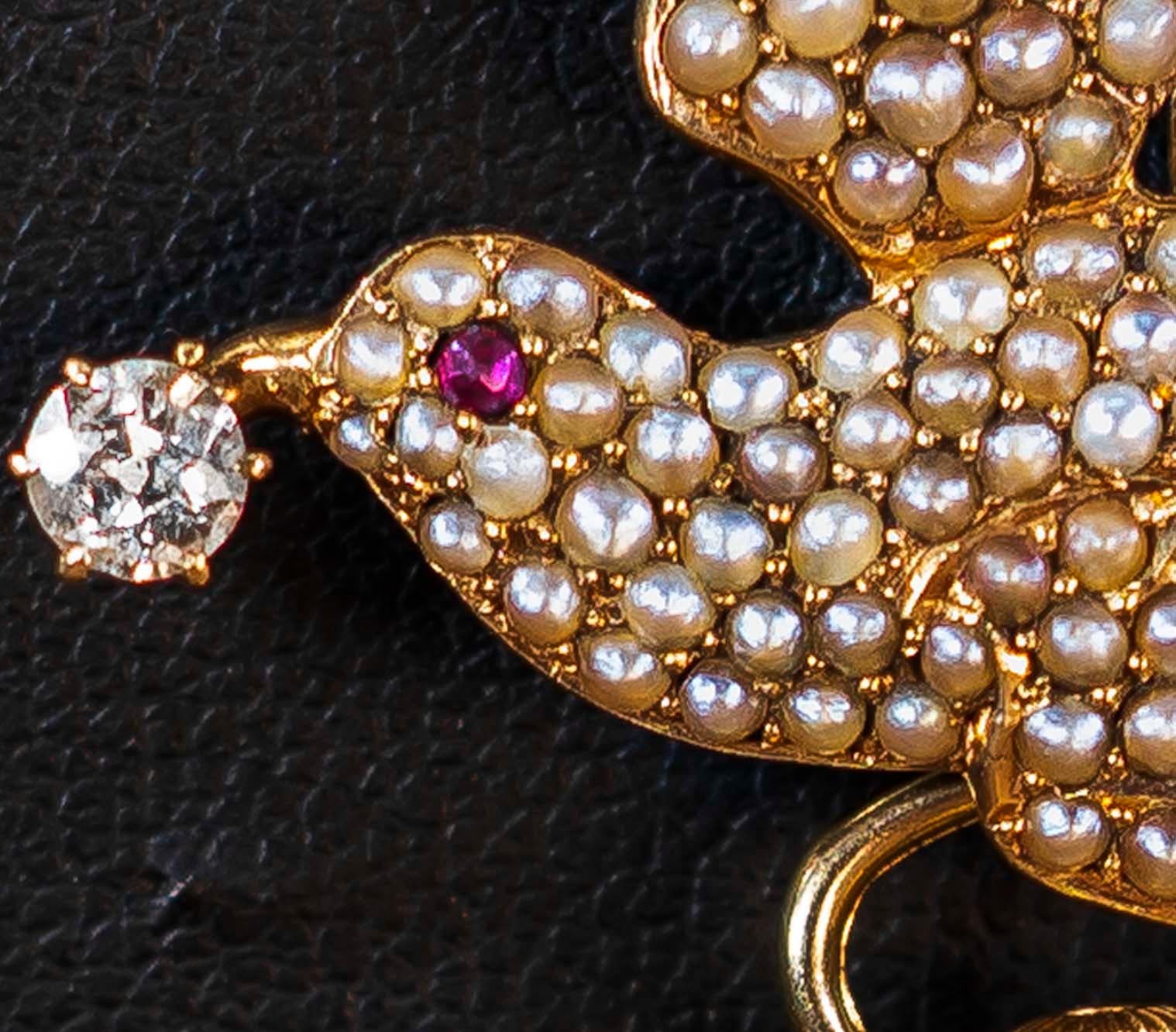 1800s Golay Fils Stahl 18kt Pearl Diamond Ruby Emerald Bird Lapel Pendant Watch 2