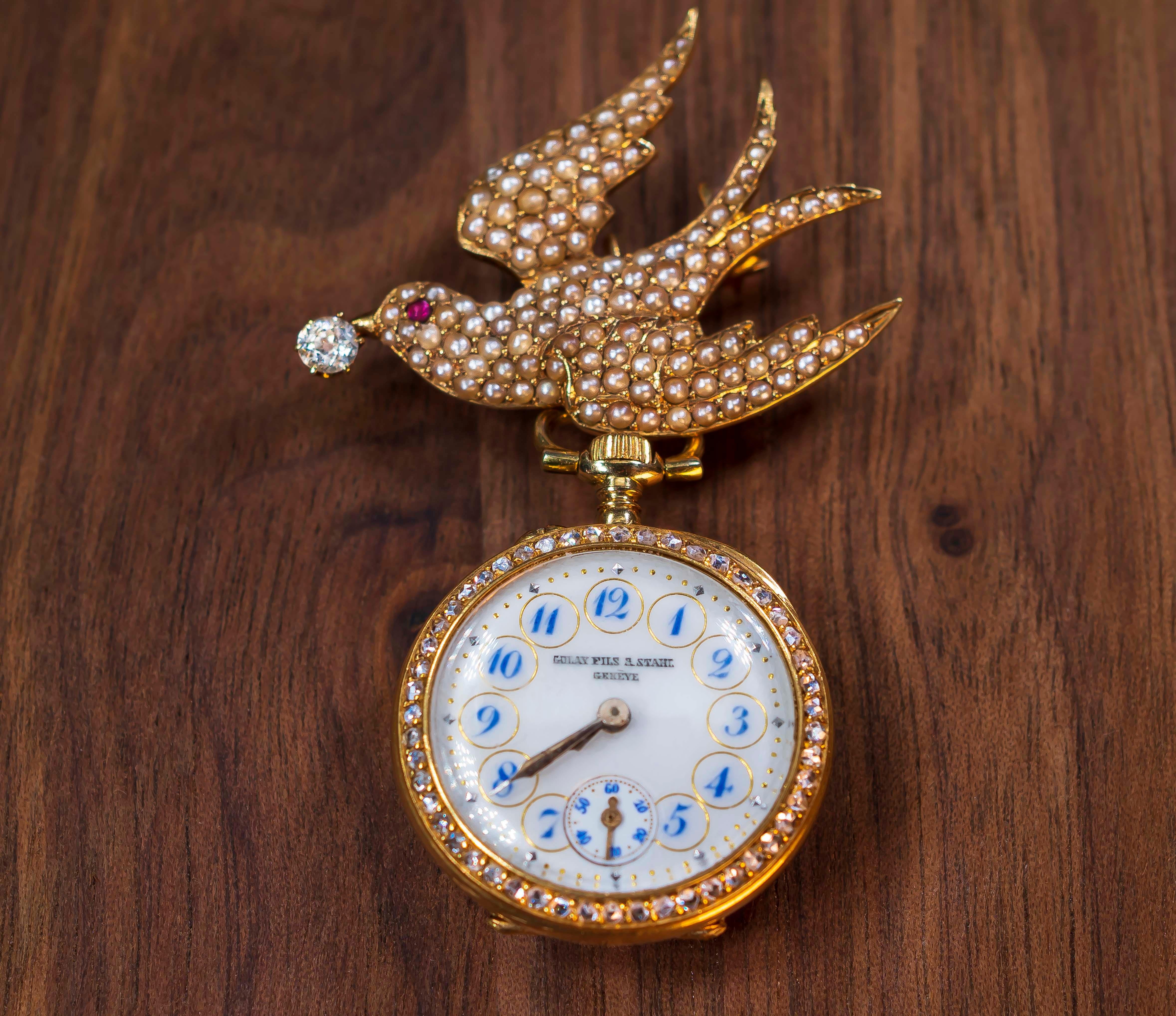 1800s Golay Fils Stahl 18kt Pearl Diamond Ruby Emerald Bird Lapel Pendant Watch 4