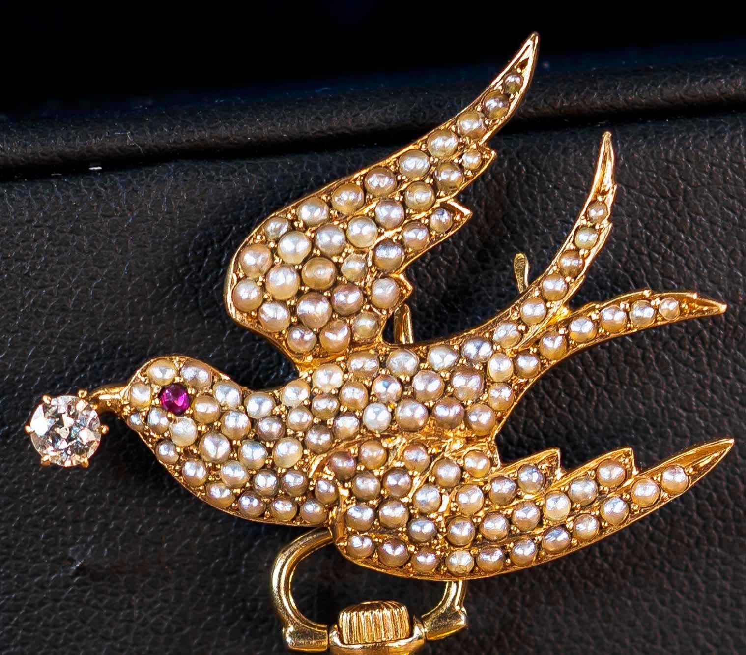 1800s Golay Fils Stahl 18kt Pearl Diamond Ruby Emerald Bird Lapel Pendant Watch 7