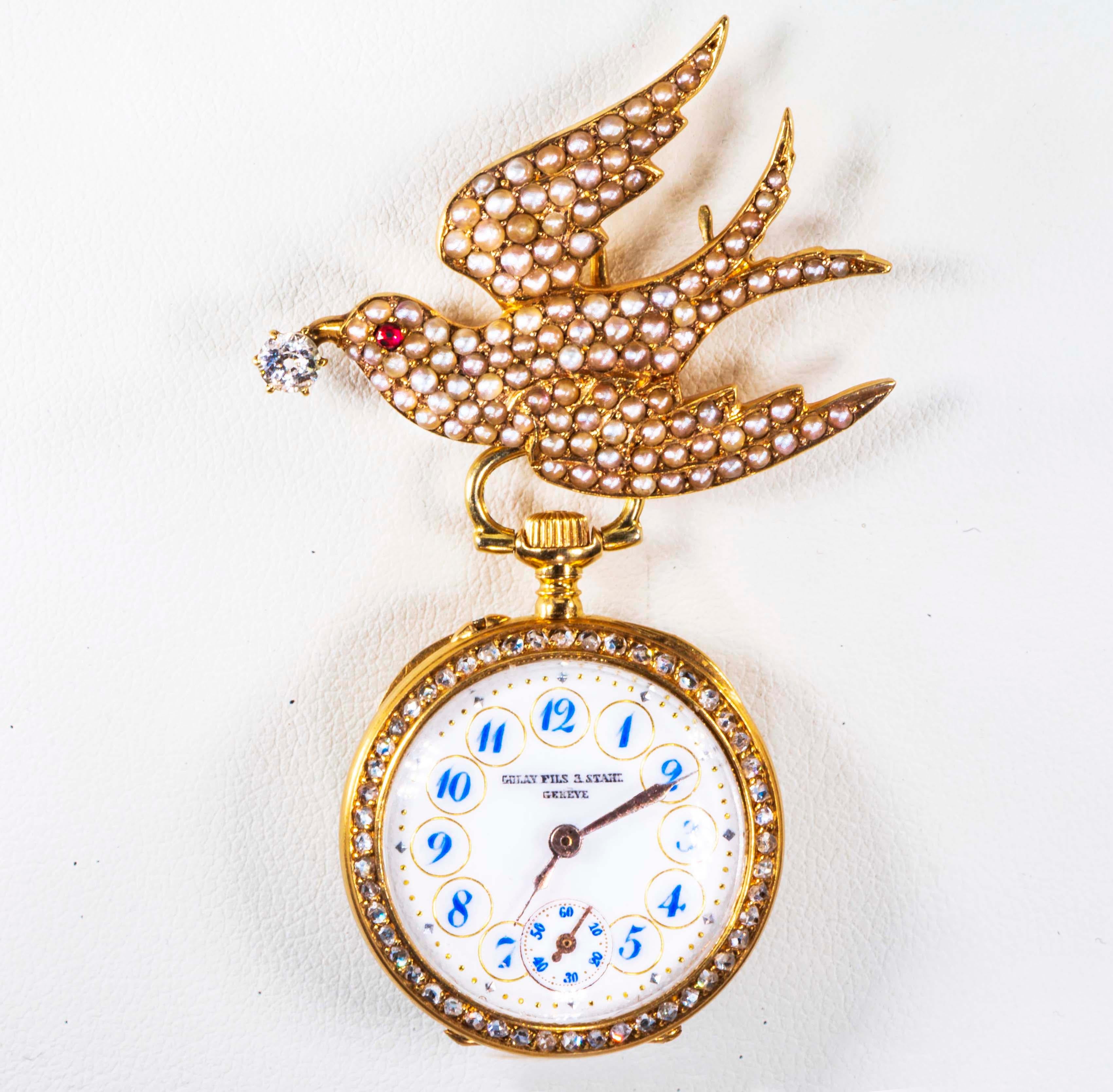 1800s Golay Fils Stahl 18kt Pearl Diamond Ruby Emerald Bird Lapel Pendant Watch 8