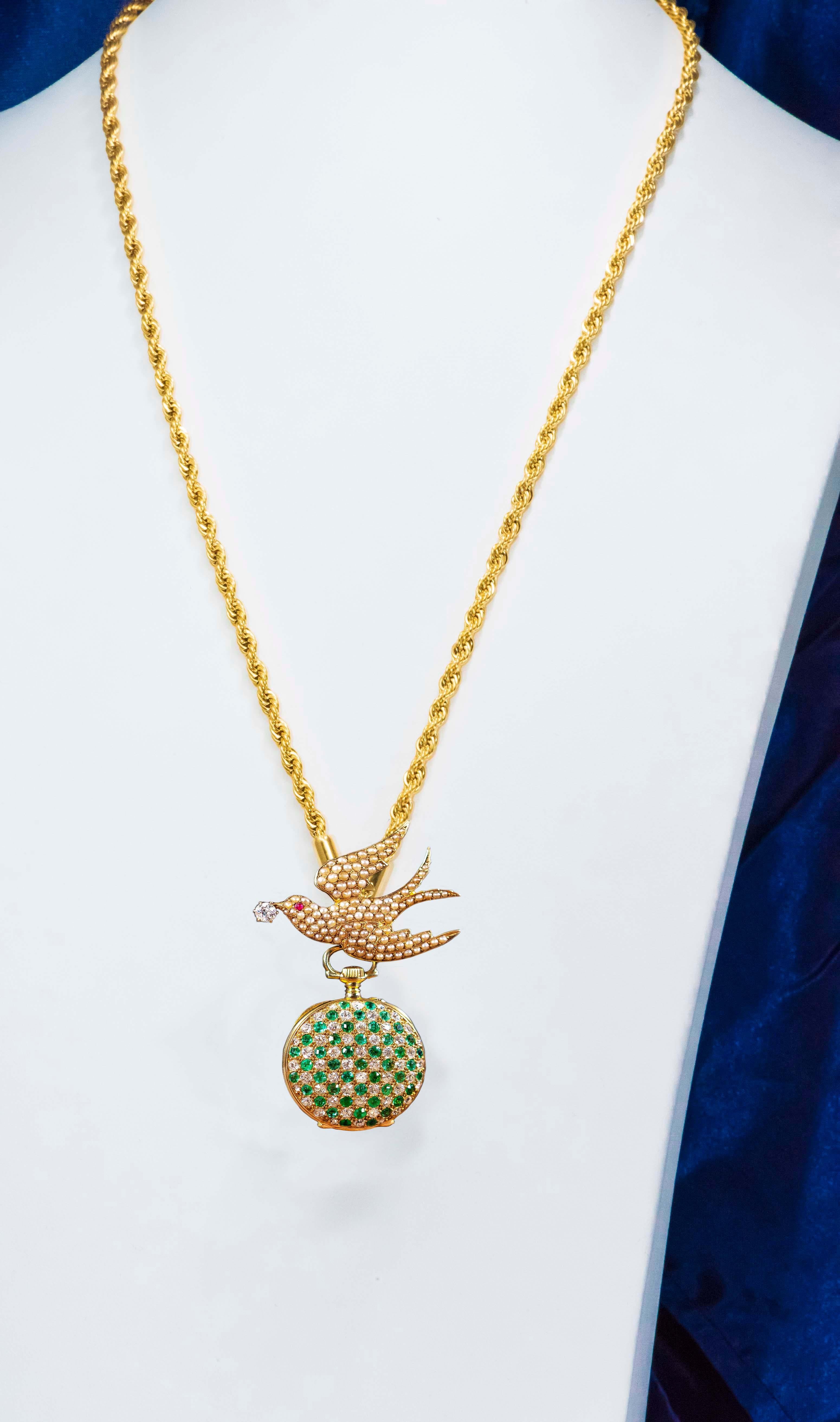 1800s Golay Fils Stahl 18kt Pearl Diamond Ruby Emerald Bird Lapel Pendant Watch 9