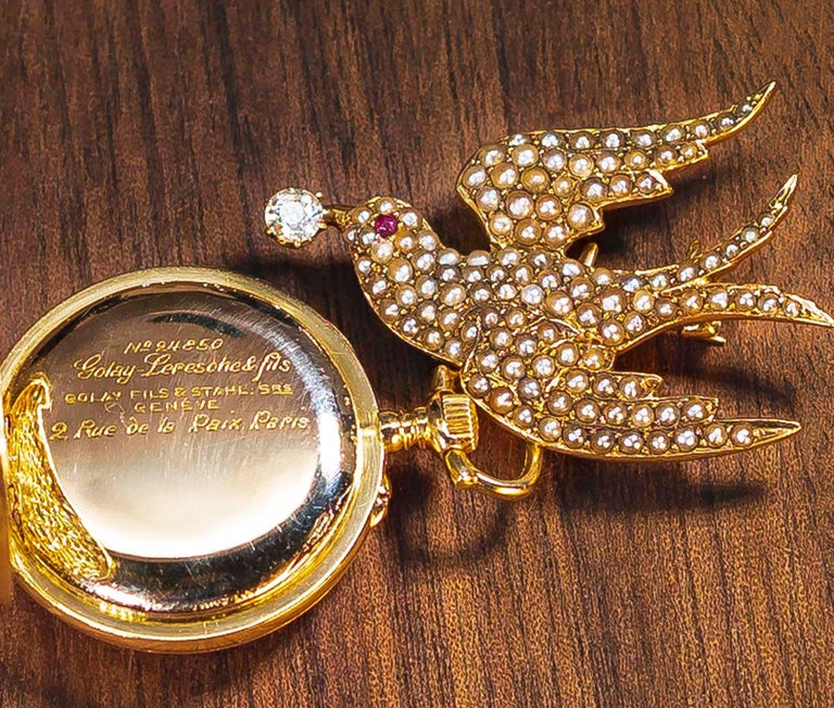 1800s Golay Fils Stahl 18kt Pearl Diamond Ruby Emerald Bird Lapel