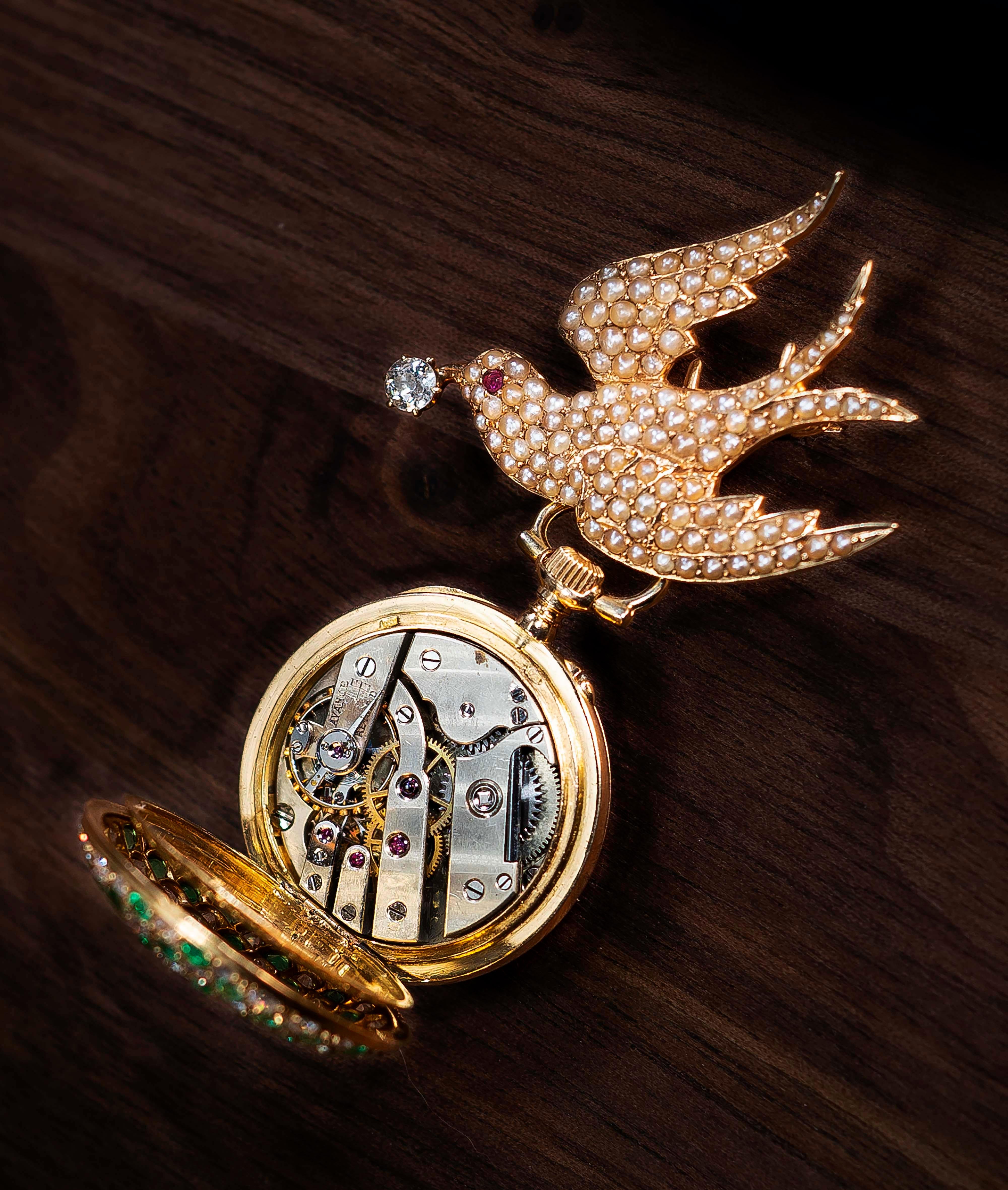 Art Nouveau 1800s Golay Fils Stahl 18kt Pearl Diamond Ruby Emerald Bird Lapel Pendant Watch