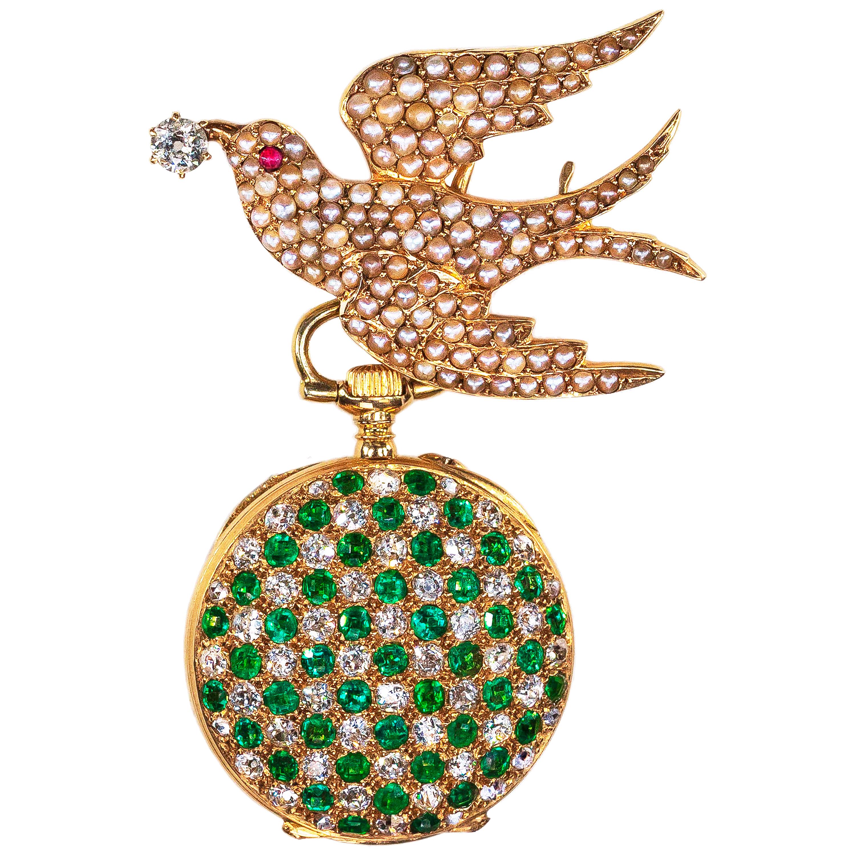 1800s Golay Fils Stahl 18kt Pearl Diamond Ruby Emerald Bird Lapel Pendant Watch
