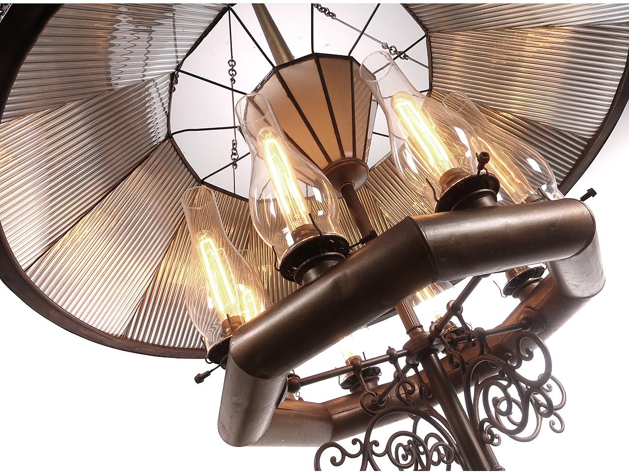 Industrial 1800s Grand Wheeler Ten-Light Reflector Chandelier