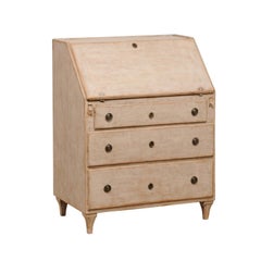 1800s Gustavian Period Swedish Cream Grey Painted Slant-Front Desk with Drawers