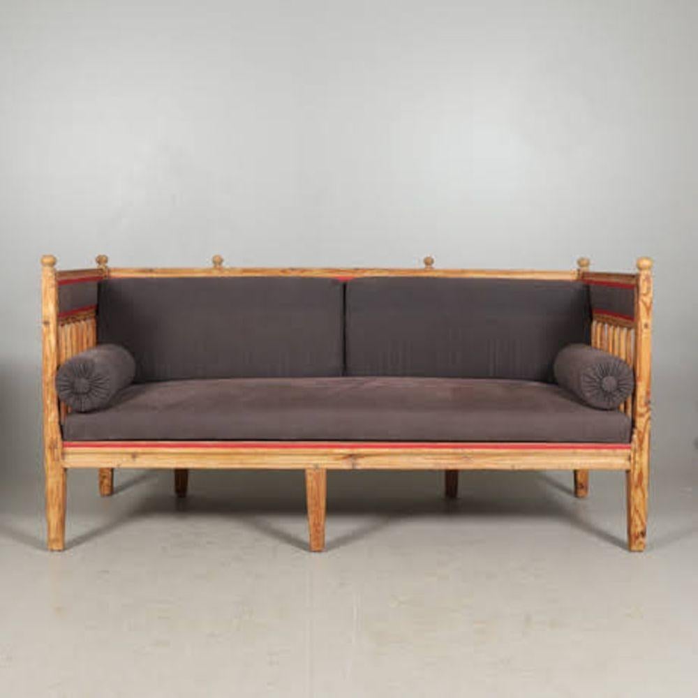 Swedish 1800s Gustavian Pine Kitchen Sofa Daybed, Grey Upholstered Seat with Red Trim For Sale