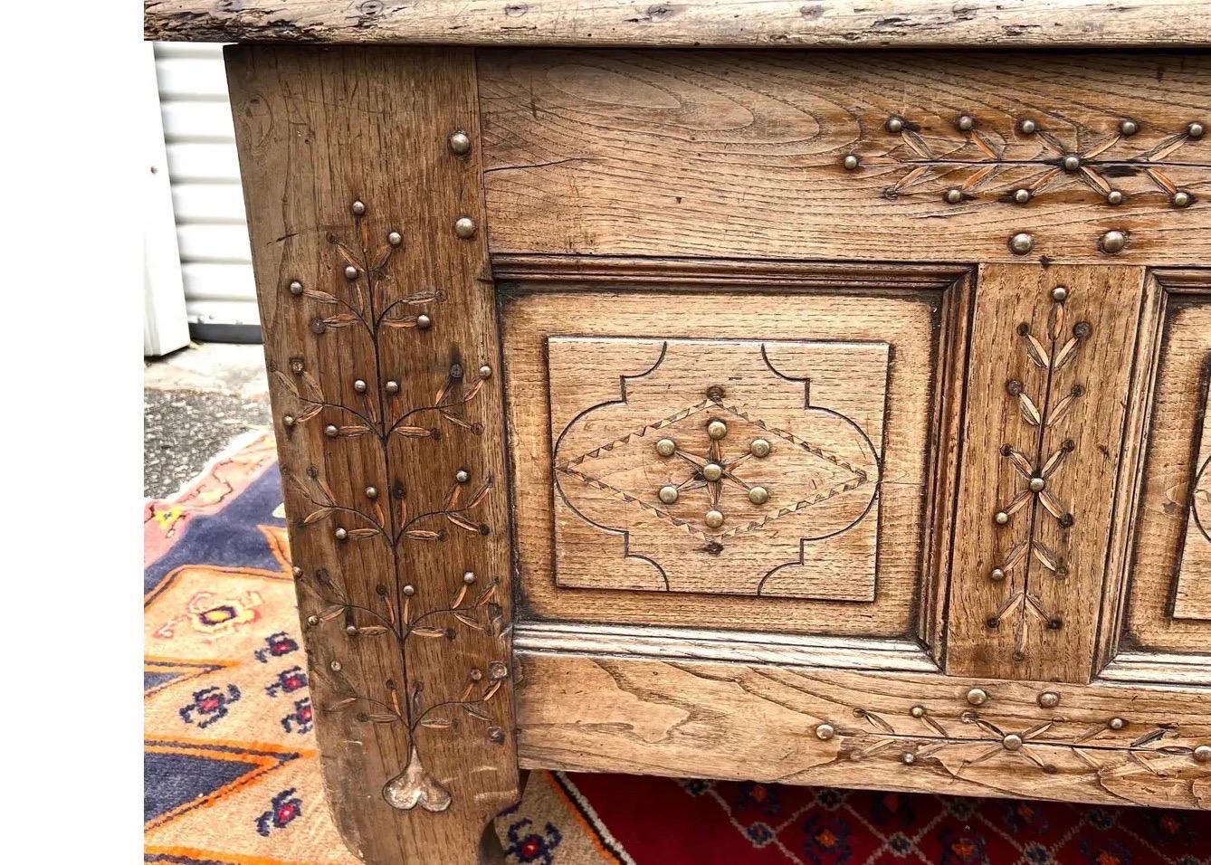 19th Century 1800s Hand Carved Elizabethan Elm Coffer For Sale