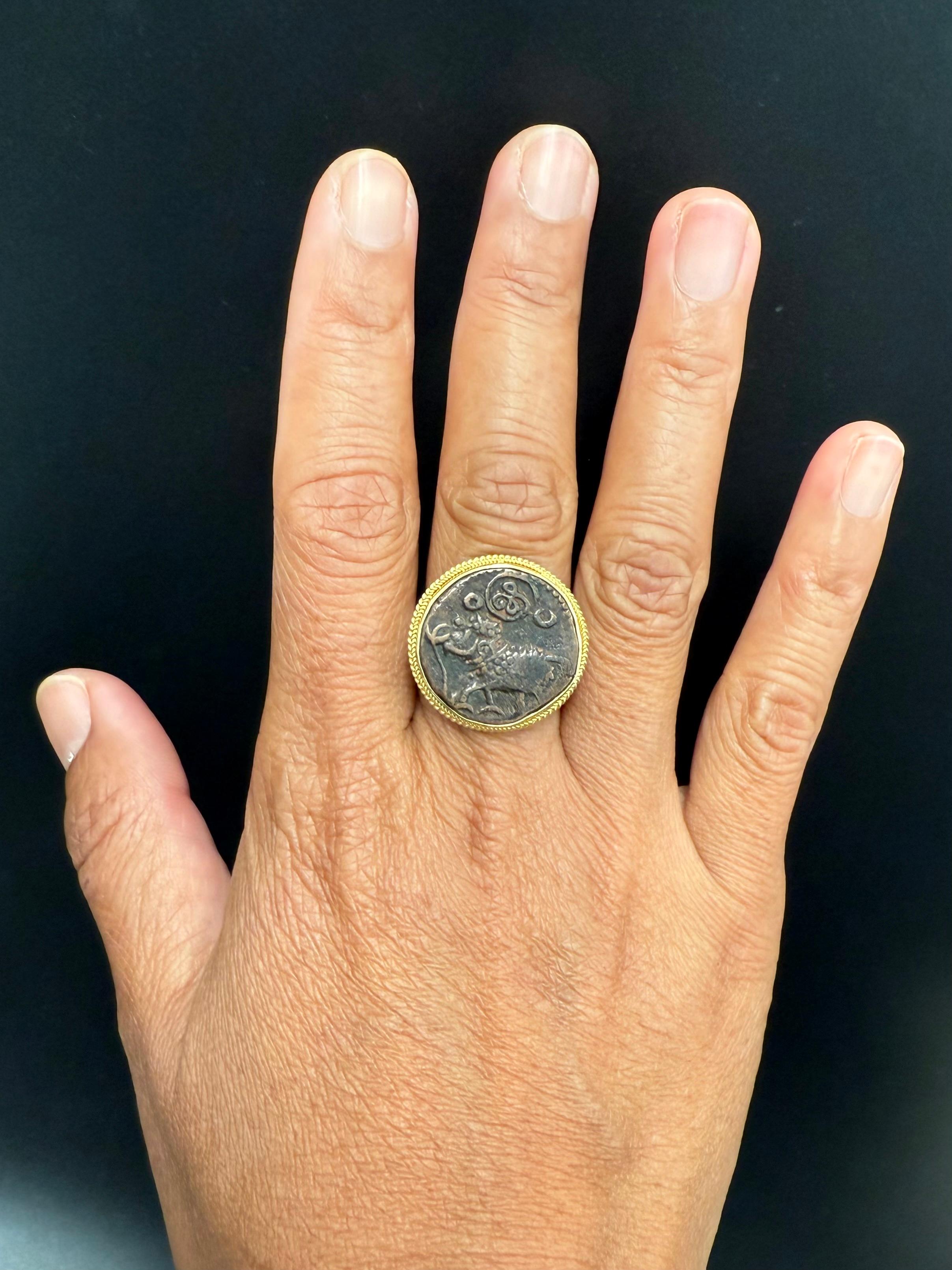 1800's India Mysore India Elephant Coin Silver 18K Gold Ring For Sale 6