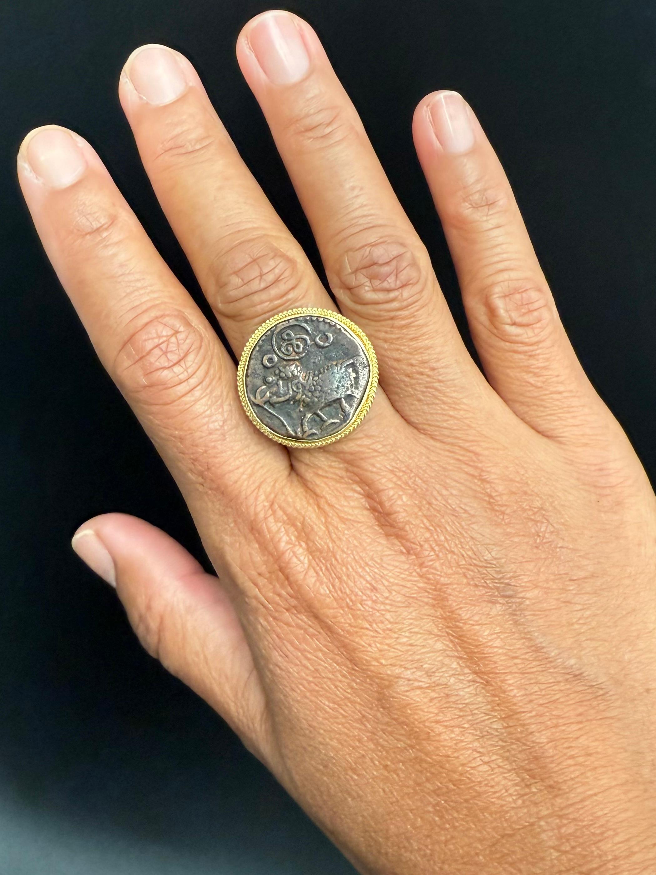 1800's India Mysore India Elephant Coin Silver 18K Gold Ring For Sale 7
