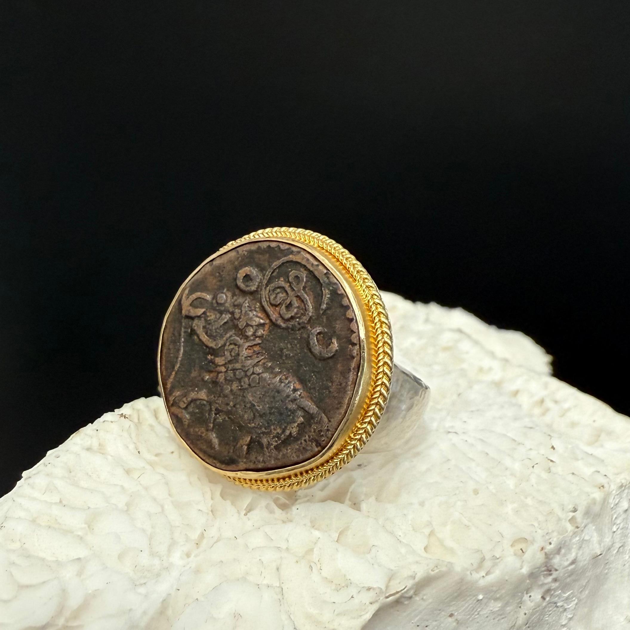 1800's India Mysore India Elephant Coin Silver 18K Gold Ring For Sale 9