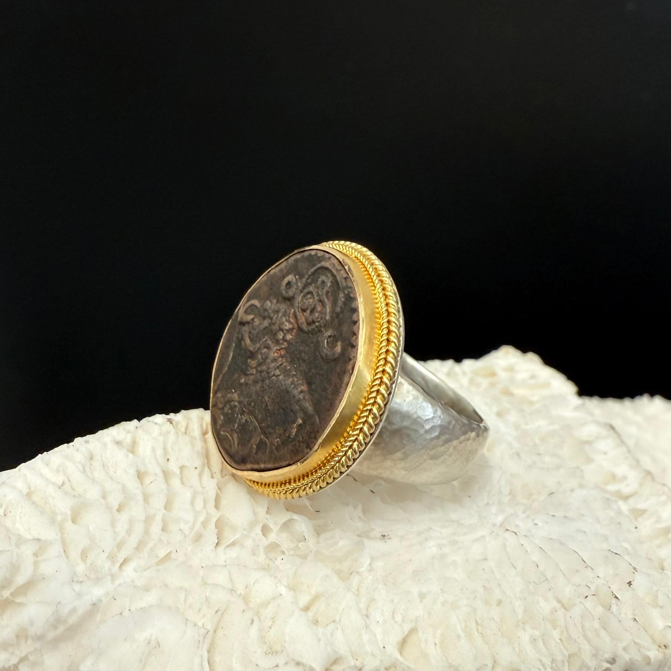 1800's India Mysore India Elephant Coin Silver 18K Gold Ring For Sale 10