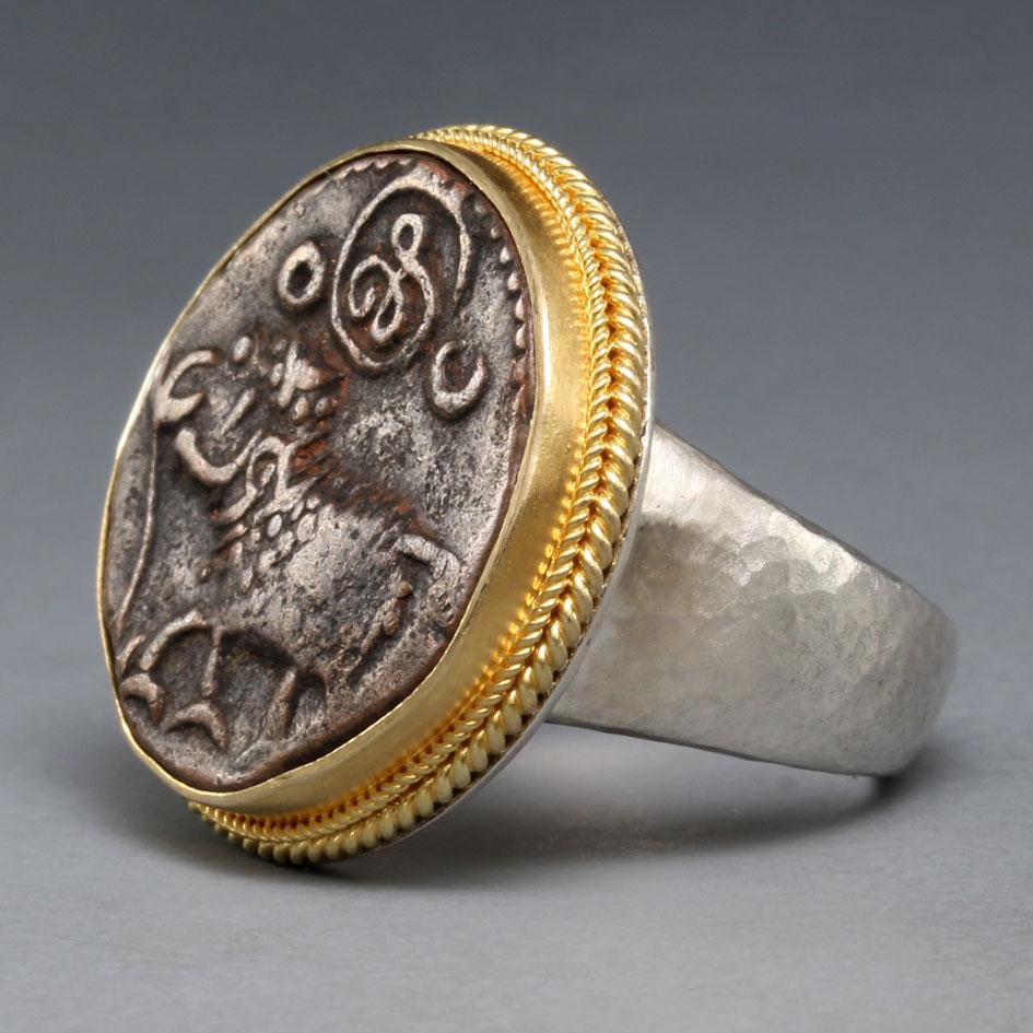 1800's India Mysore India Elephant Coin Silver 18K Gold Ring For Sale 1