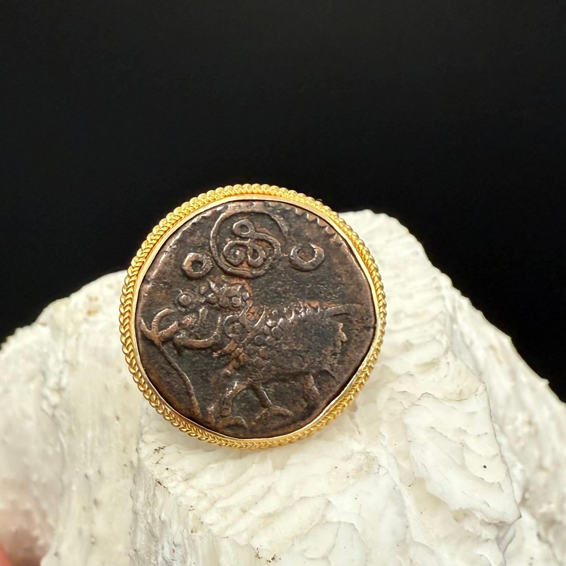 1800's India Mysore India Elephant Coin Silver 18K Gold Ring For Sale 3