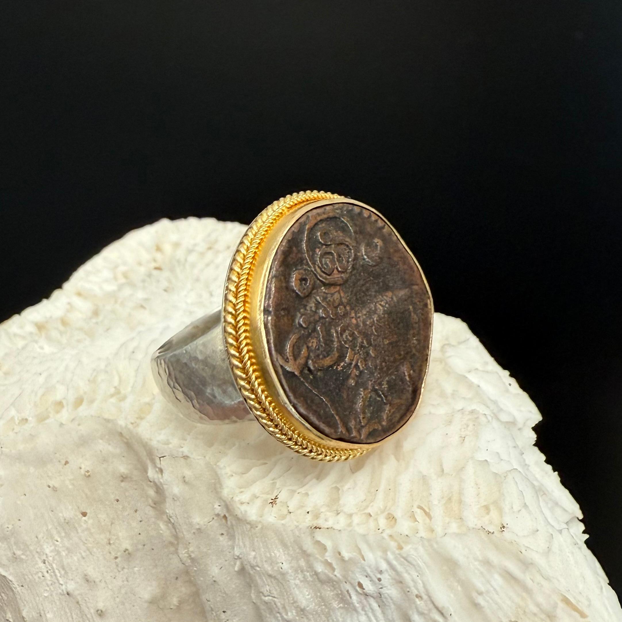 1800's India Mysore India Elephant Coin Silver 18K Gold Ring For Sale 4