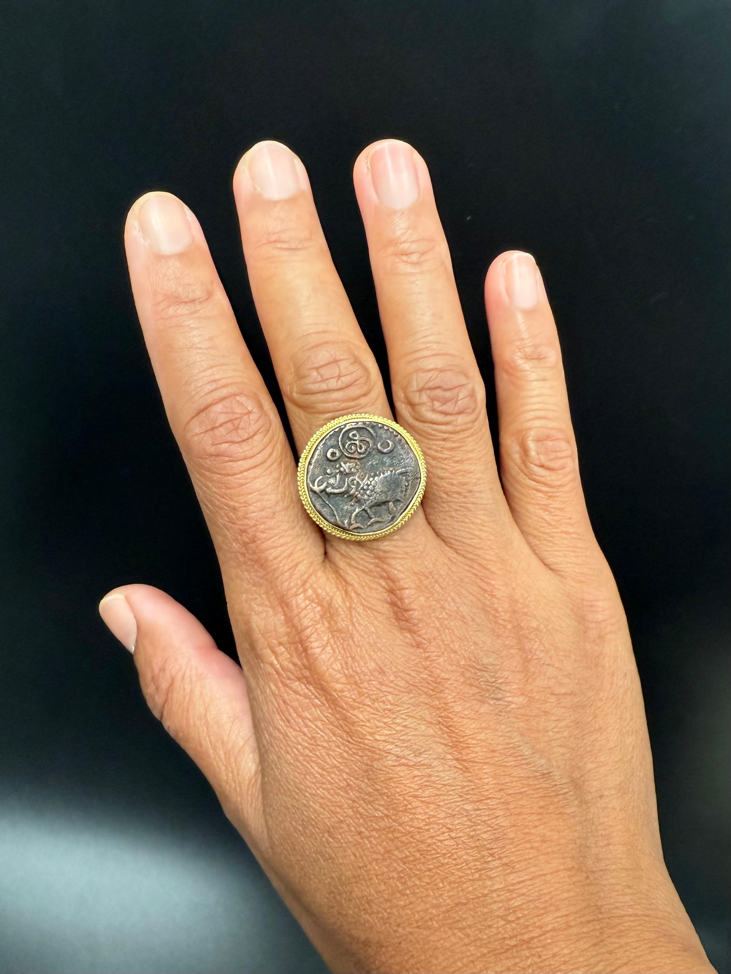 1800's India Mysore India Elephant Coin Silver 18K Gold Ring For Sale 5