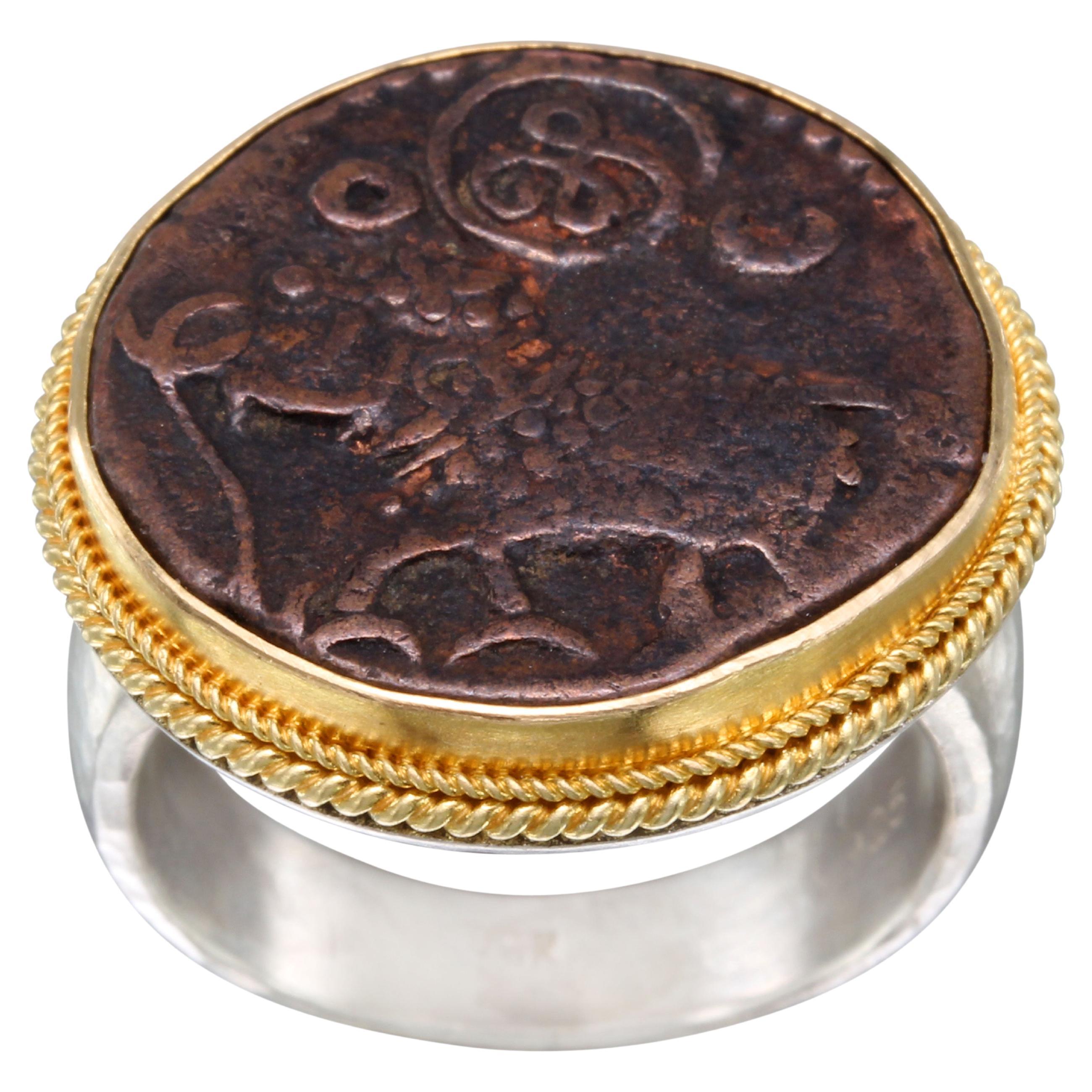 1800's India Mysore India Elephant Coin Silver 18K Gold Ring For Sale