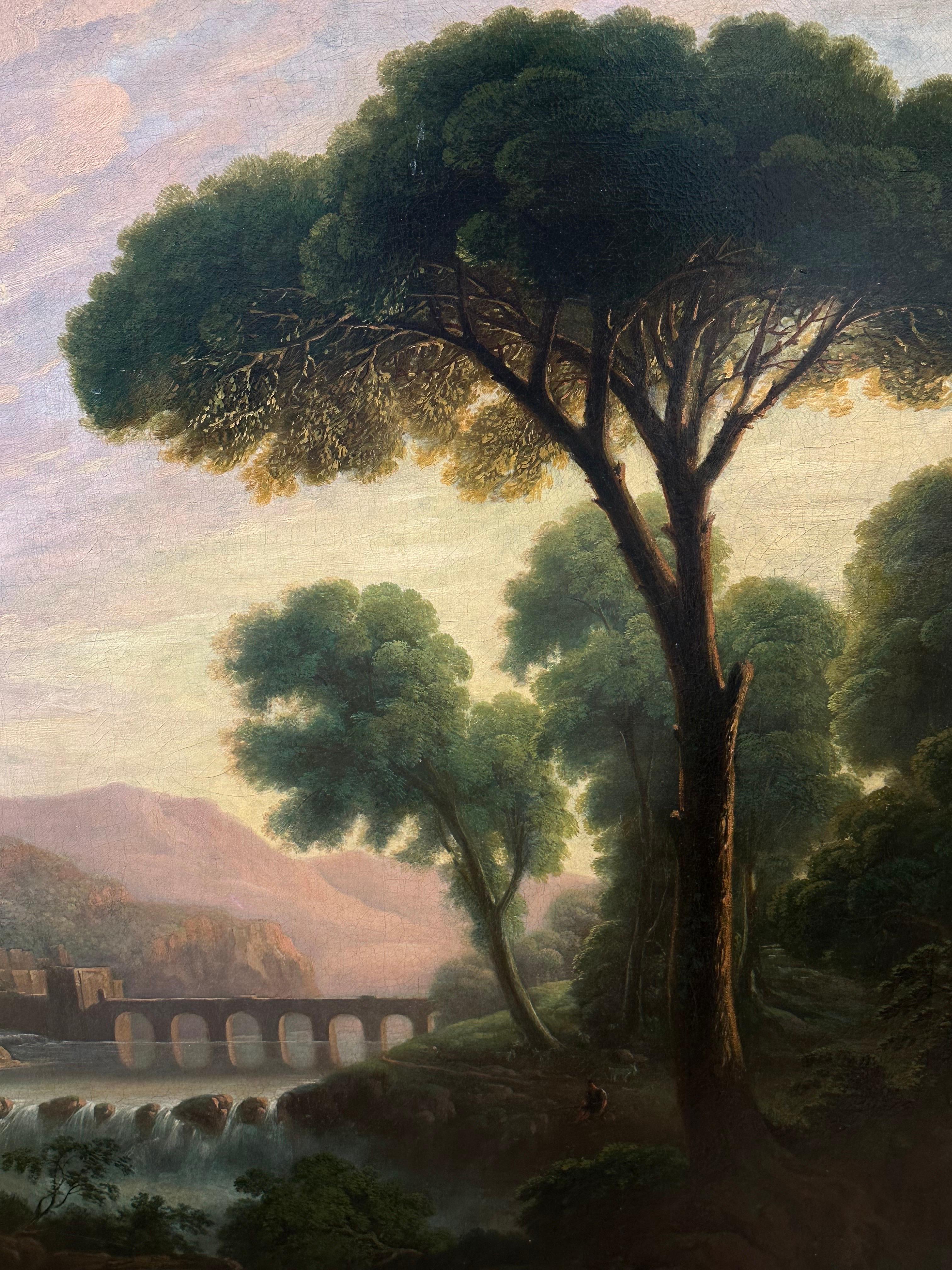 Großes italienisches romantisches, klassisches Landschaftsgemälde mit goldenem Sonnenuntergang, 1800er Jahre (Braun), Figurative Painting, von 1800's Italian Grand Tour