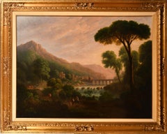Antique Huge 1800's Italian Romantic Golden Sunset Classical Landscape Oil Painting