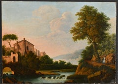 Pintura al óleo italiana de principios del siglo XIX Figura romántica de paisaje luminoso junto a un río