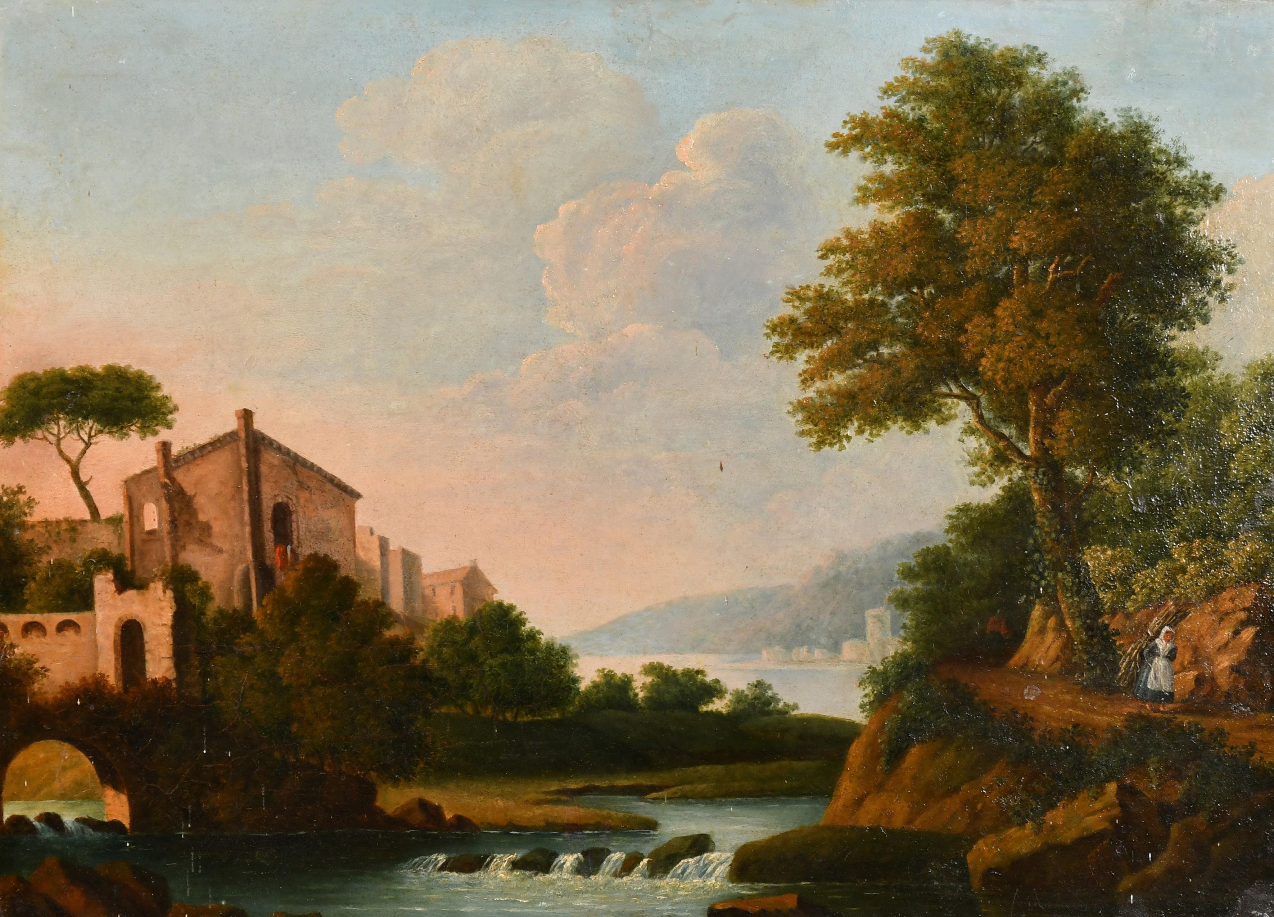 Landscape Painting 1800's Italian - Peinture à l'huile italienne du début des années 1800 - Figure de paysage romantique à la lumière d'une rivière