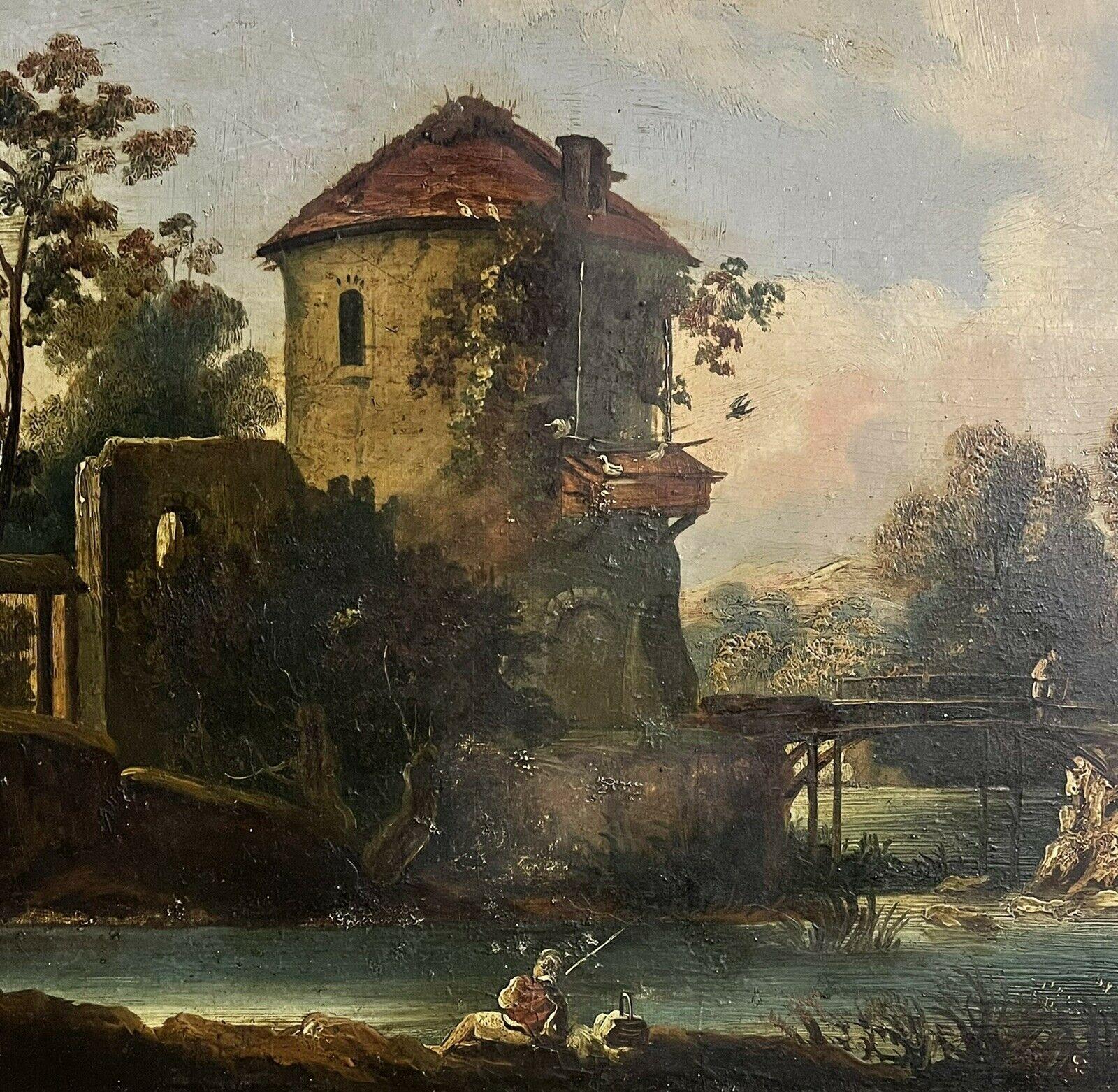 Fines bâtiments romains italiens à l'huile du début des années 1800 dans un paysage ancien  - Maîtres anciens Painting par 1800's Italian