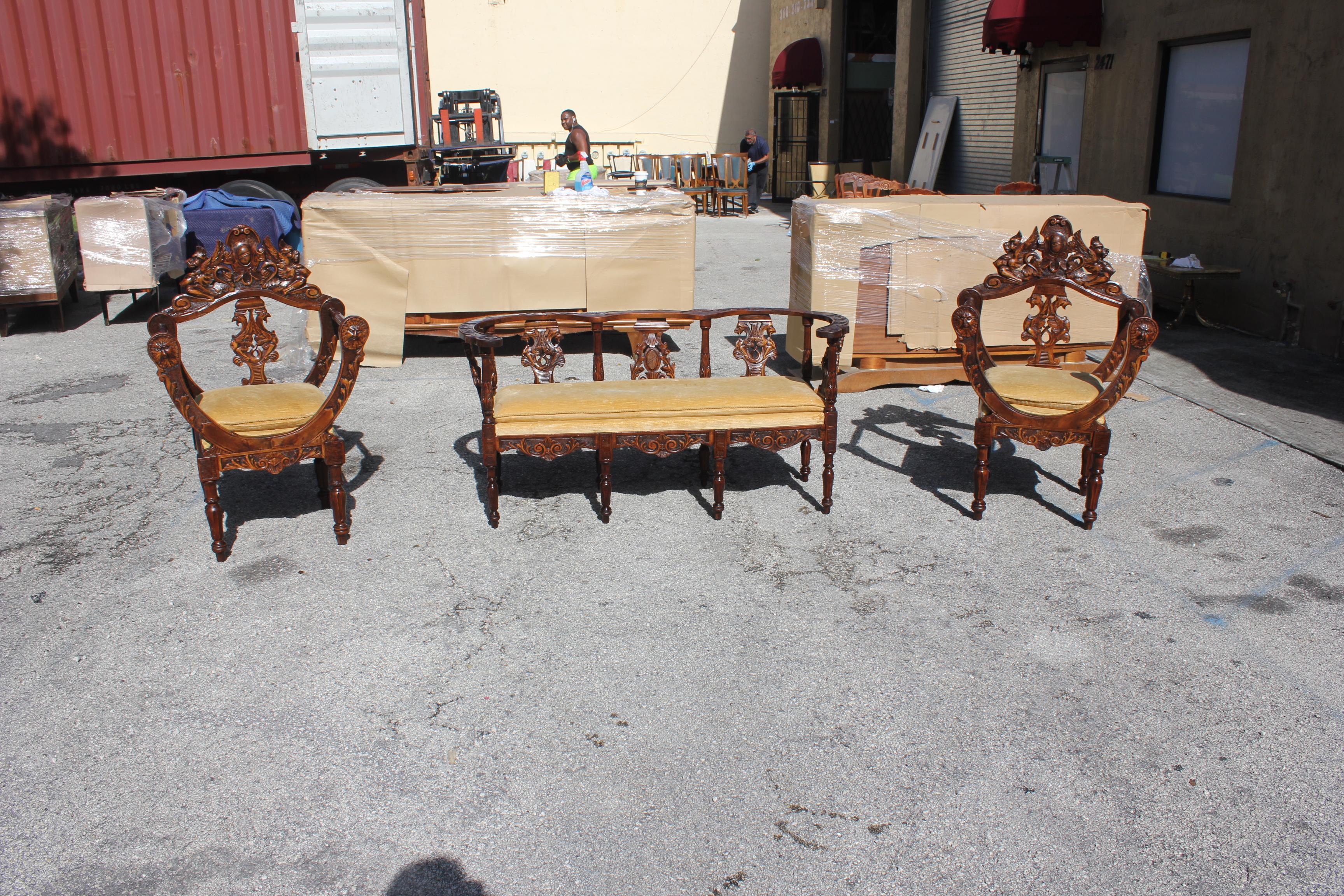 Description: Nice pair of chairs and sofa in solid walnut carved and shaped ebonized 19th century, in Renaissance style.
Period: 19th century
Style: Renaissance style
Material: solid walnut hand-carved. size of the sofa 58.50 W x 28.50 H x 17 D x