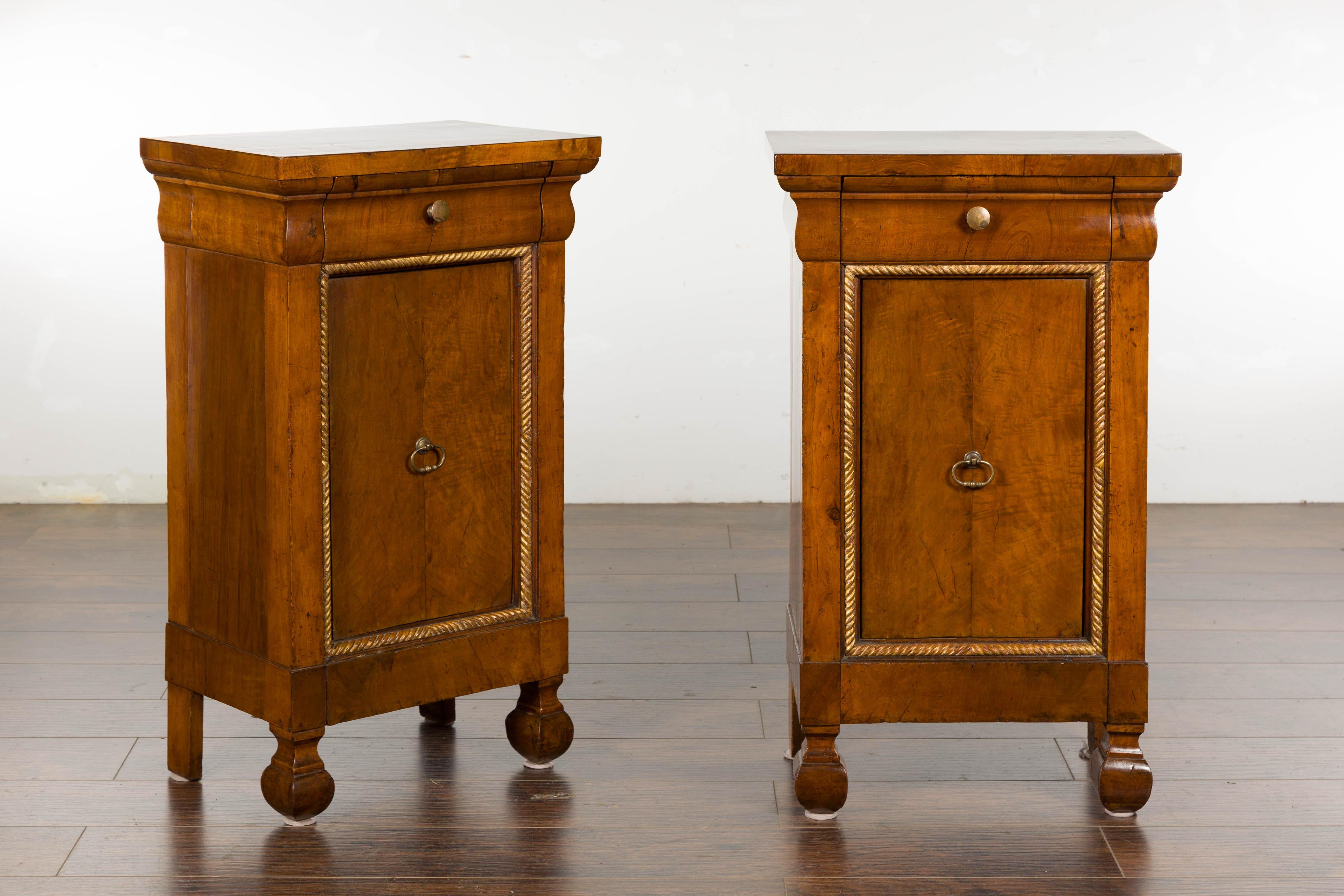 Carved 1800s Italian Walnut Bedside Cabinets with Giltwood Twisted Rope Motif, Pair For Sale